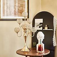 Vista 9 de Centros de mesa de candelabro para mesa, portavelas para centros de mesa, portavelas de cristal alto de 7 brazos, centro de mesa dorado para mesa