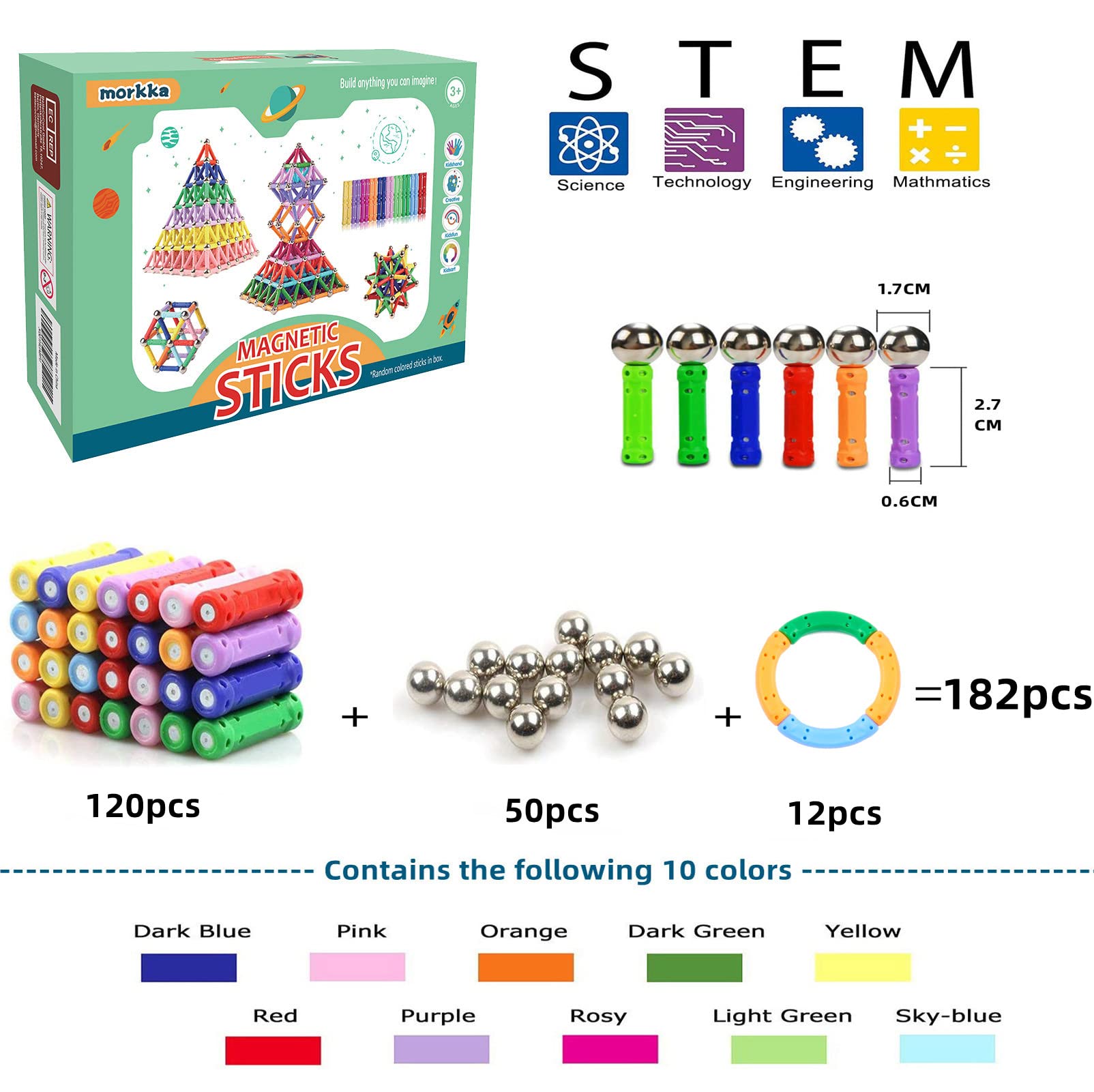 182 Pièces Blocs Magnétique 3D Jouet de Puzzle Jeux de Construction avec Bâtons Colorés Cadeau de Vacances Montessori pour Les Filles et Garçons de Plus de 4 Ans