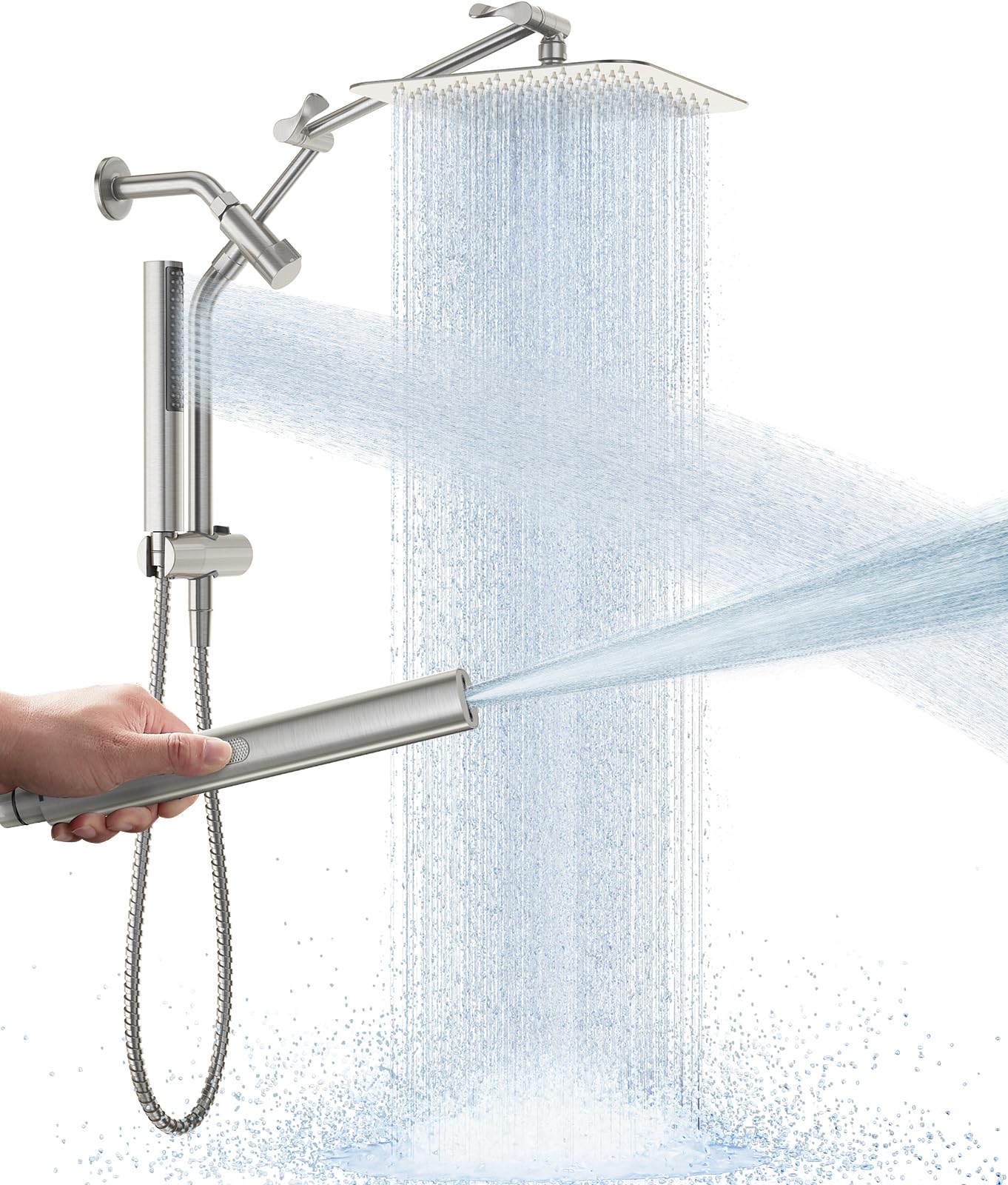 Veken All Metal 10" Brushed Nickel Shower Head with Handheld, Luxurious Square High Pressure Double Rain Shower Heads with Power-wash Hand Held, Dual Detachable Rainfall Showerhead,Bathroom Upgrade