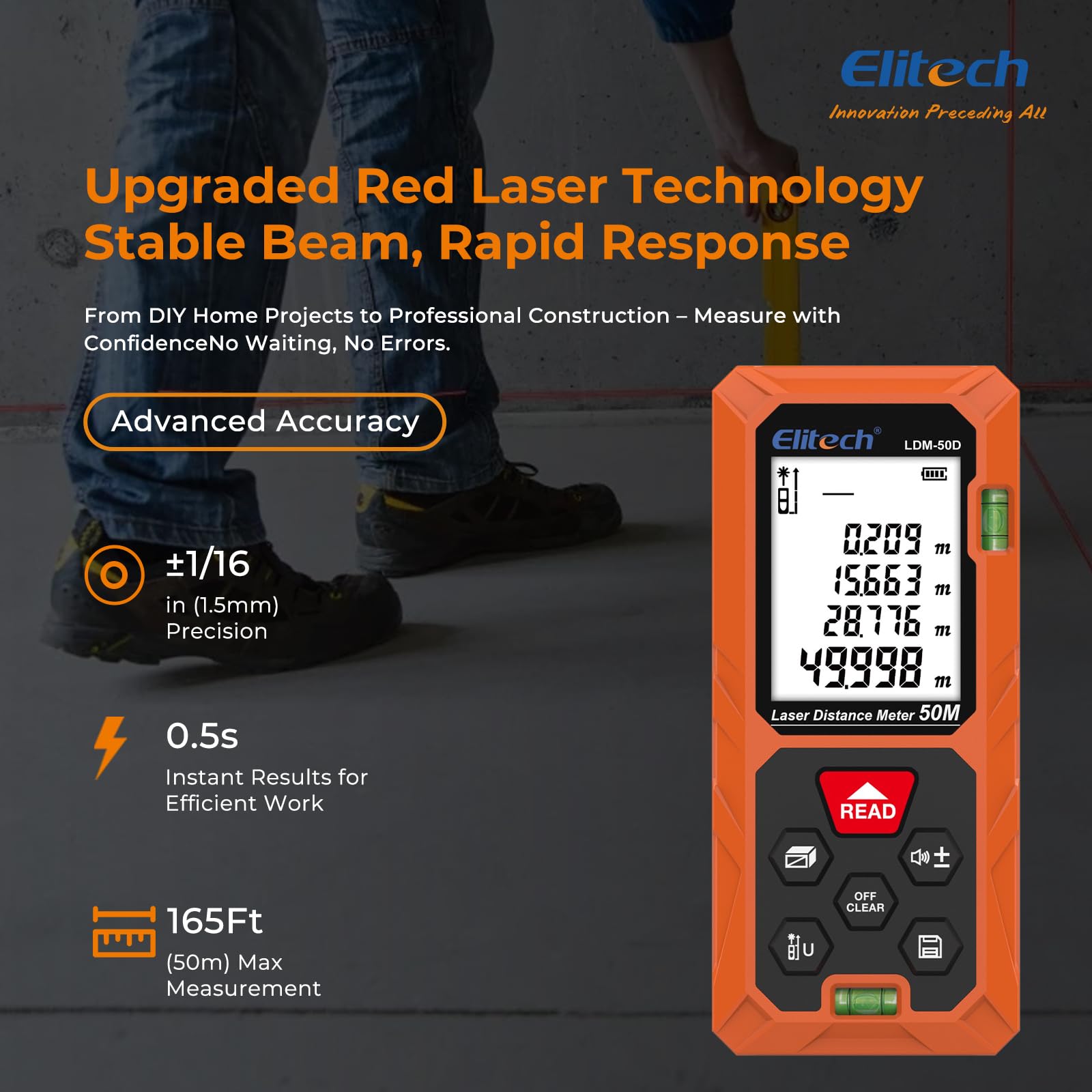Elitech Laser Measur 50M with 2 Bubble Levels, Digital Laser Distance Meter for Measuring Distance Area Volume Pythagoras - Image 2