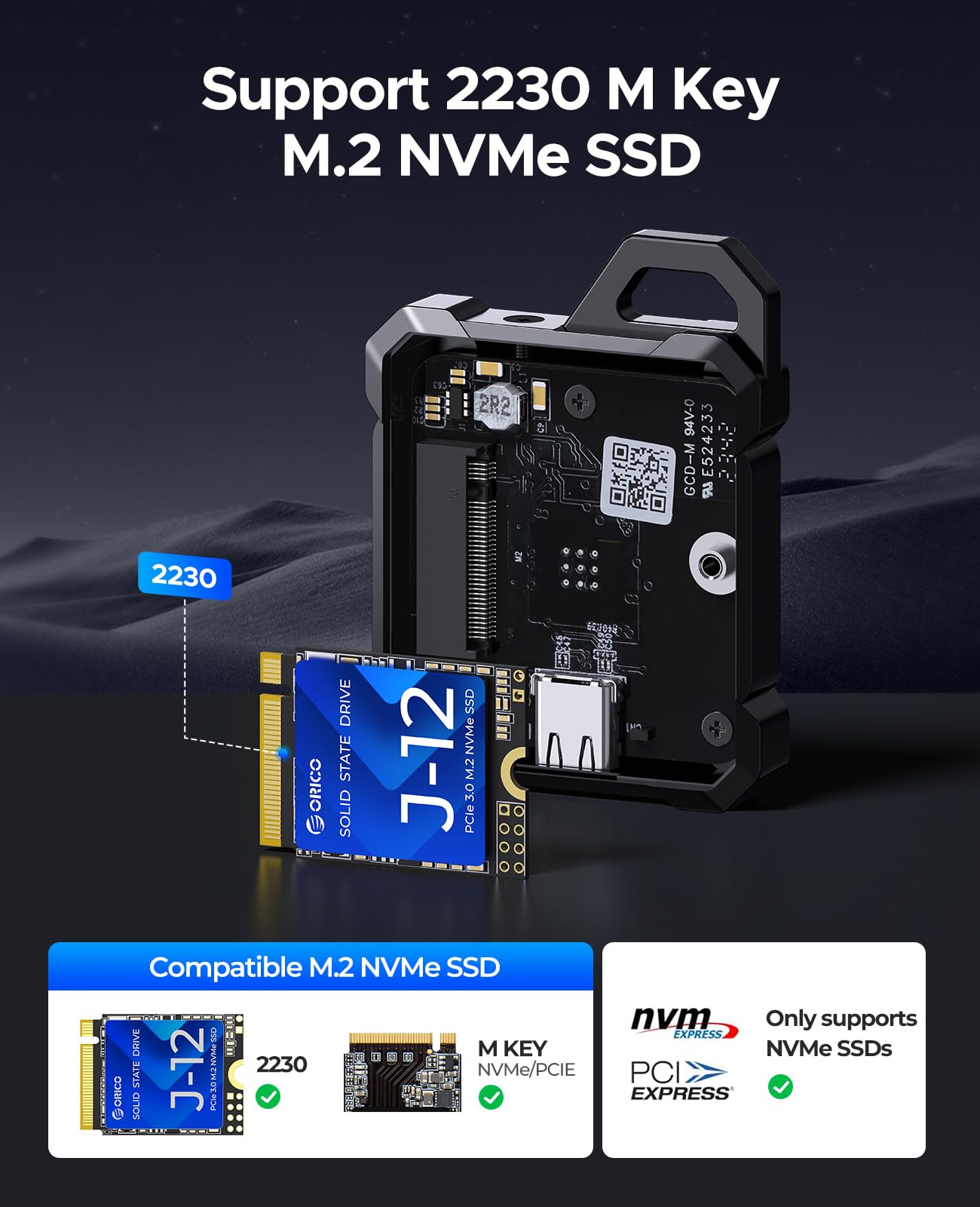 ORICO Boîtier M.2 NVMe 2230 SSD avec boîtier métallique, Adaptateur 10Gbps USB C 3.2 Gen2 vers NVMe PCIe, Compatible avec l'enregistrement 4K ProRes du Phone 15 Pro/Pro Max, Câble 2 en 1 -XAM2