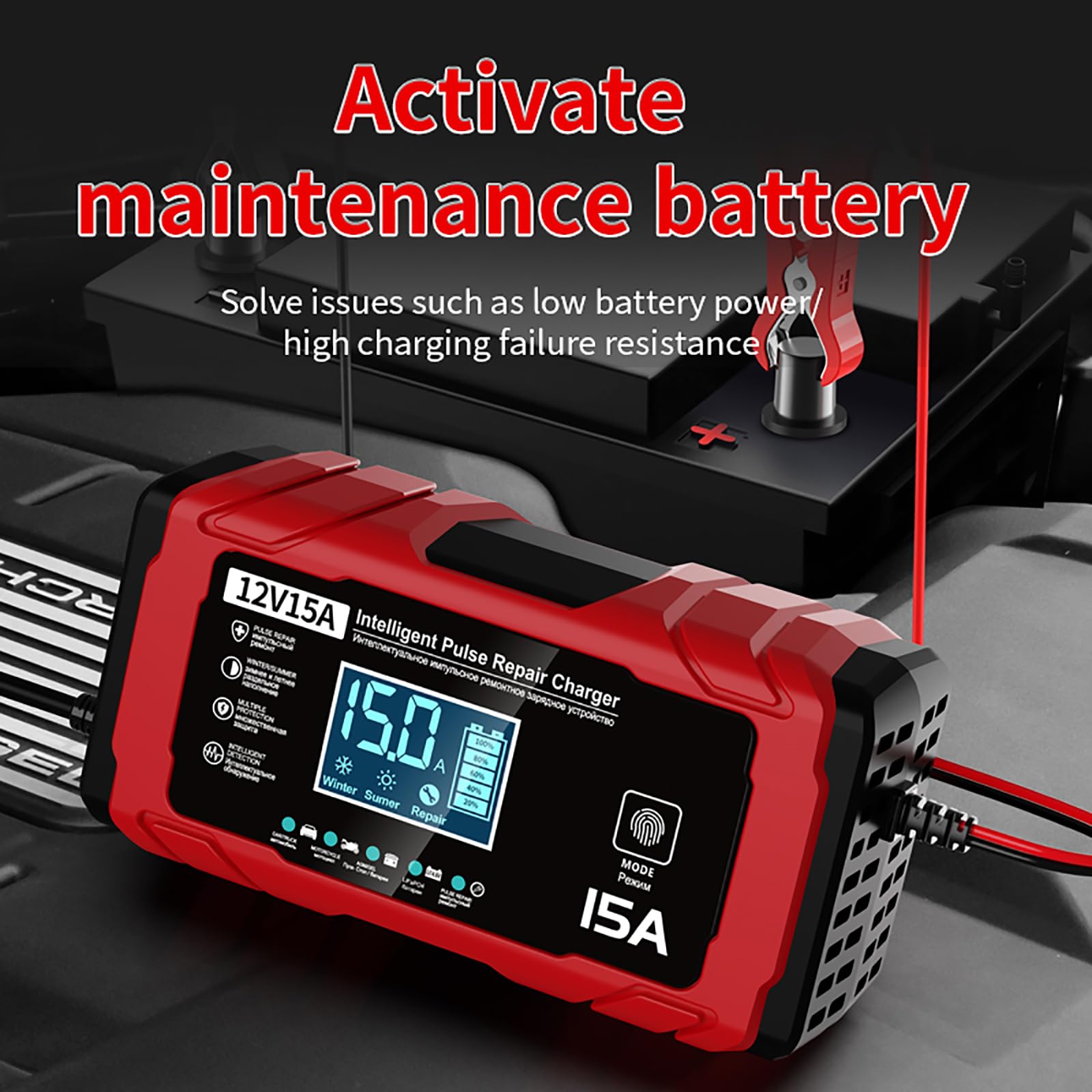 15A Chargeur de Batterie Voiture - 12V 15A Chargeur Batterie Moto Intelligent Entièrement Automatique avec Compensation de Température pour Les Batteries Plomb-Acide et LifePO4, Bateaux,Moto