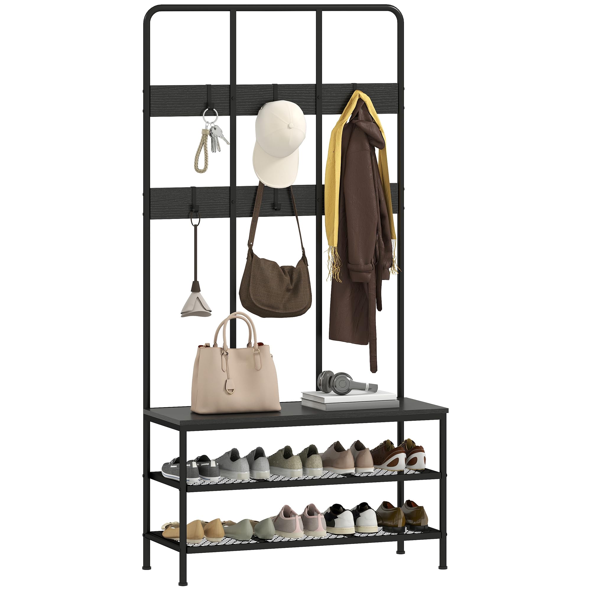 HOMCOM Appendiabiti da Ingresso 3 in 1 con Scarpiera 91x36x180 cm Nero | Attaccapanni Stile Industriale con Panca, 6 Ganci, 2 Ripiani Porta Scarpe