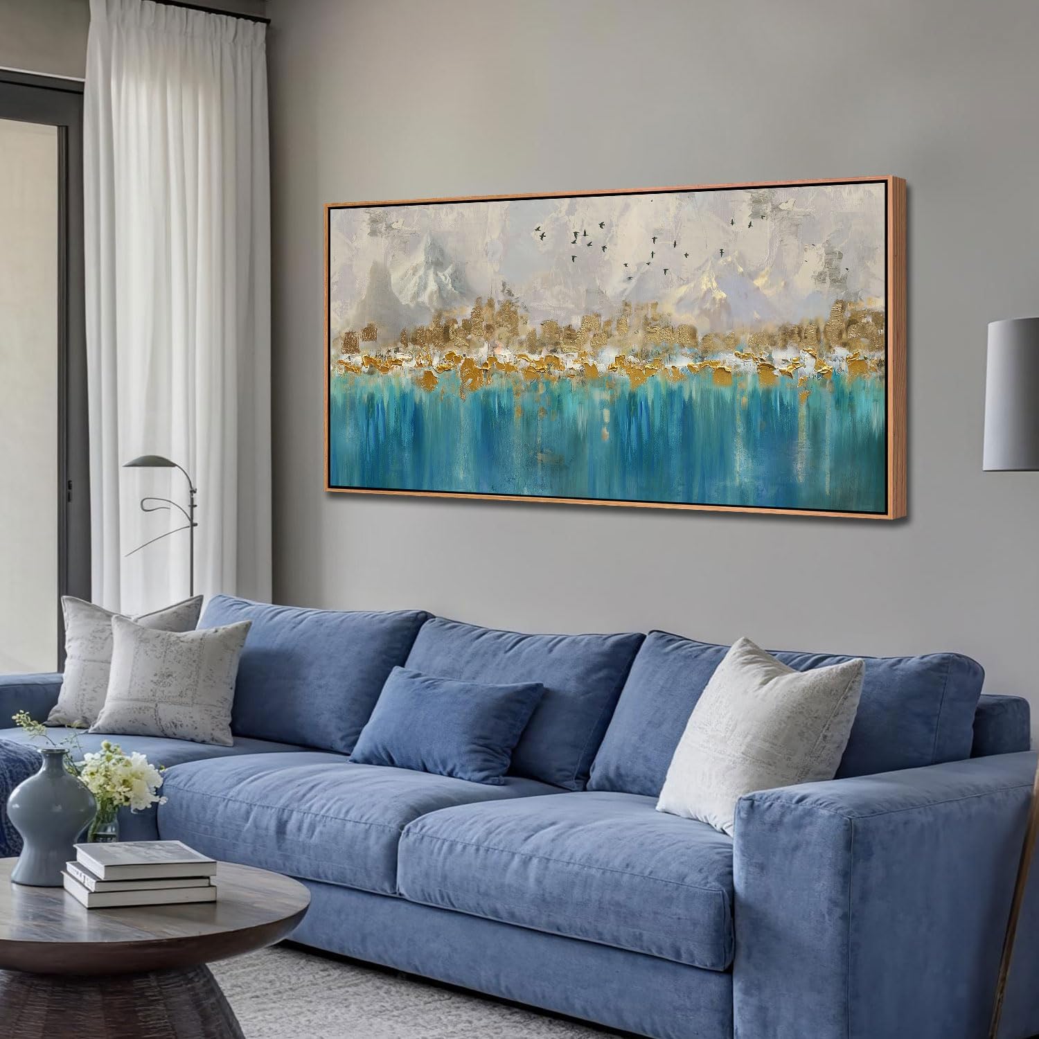 Arjun Framed Abstract Wall Art for Living Room Gold Blue Textured Canvas Art Wall Decor Bedroom Painting, Modern Picture Grey Mountain Artwork Home Office Wall Decoration, Large 40"x20"