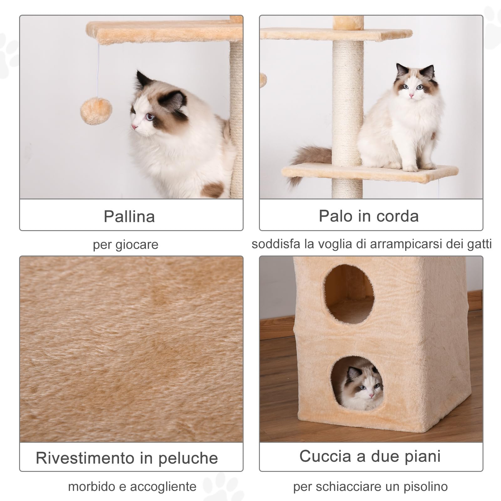 PawHut Tiragraffi a Soffitto Multilivello 220-245cm, per Gatti Giallo
