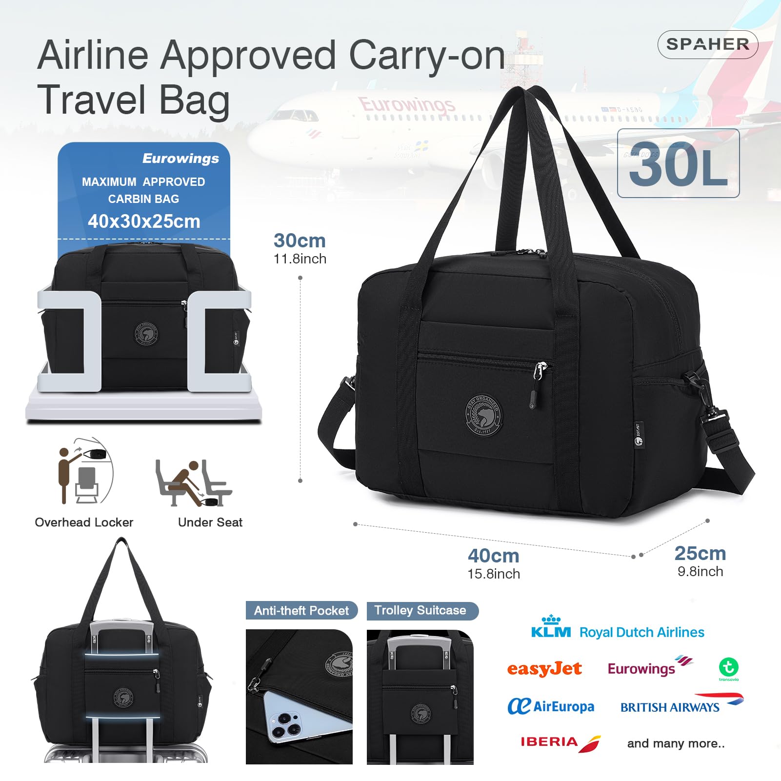 SPAHER Torba Podróżna 40x30x25 Eurowings Torba na Bagaż Podręczny Składana Sportowa Weekendowa Fitness dla Mężczyzn i Kobiet z Torba na Przybory Toaletowe