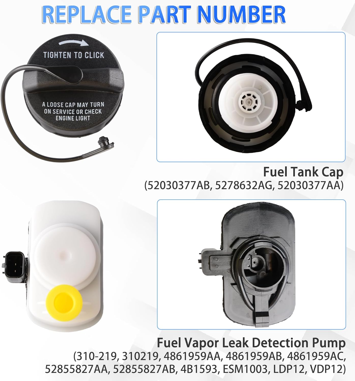 Fuel Tank Cap and Fuel Vapor Leak Detection Pump Set Compatible with Chrysler Aspen & Dodge Durango, Nitro, Ram 1500 & Jeep Grand Cherokee, Liberty & Fiat 500, Replace# 52030377AB, 4861959AA