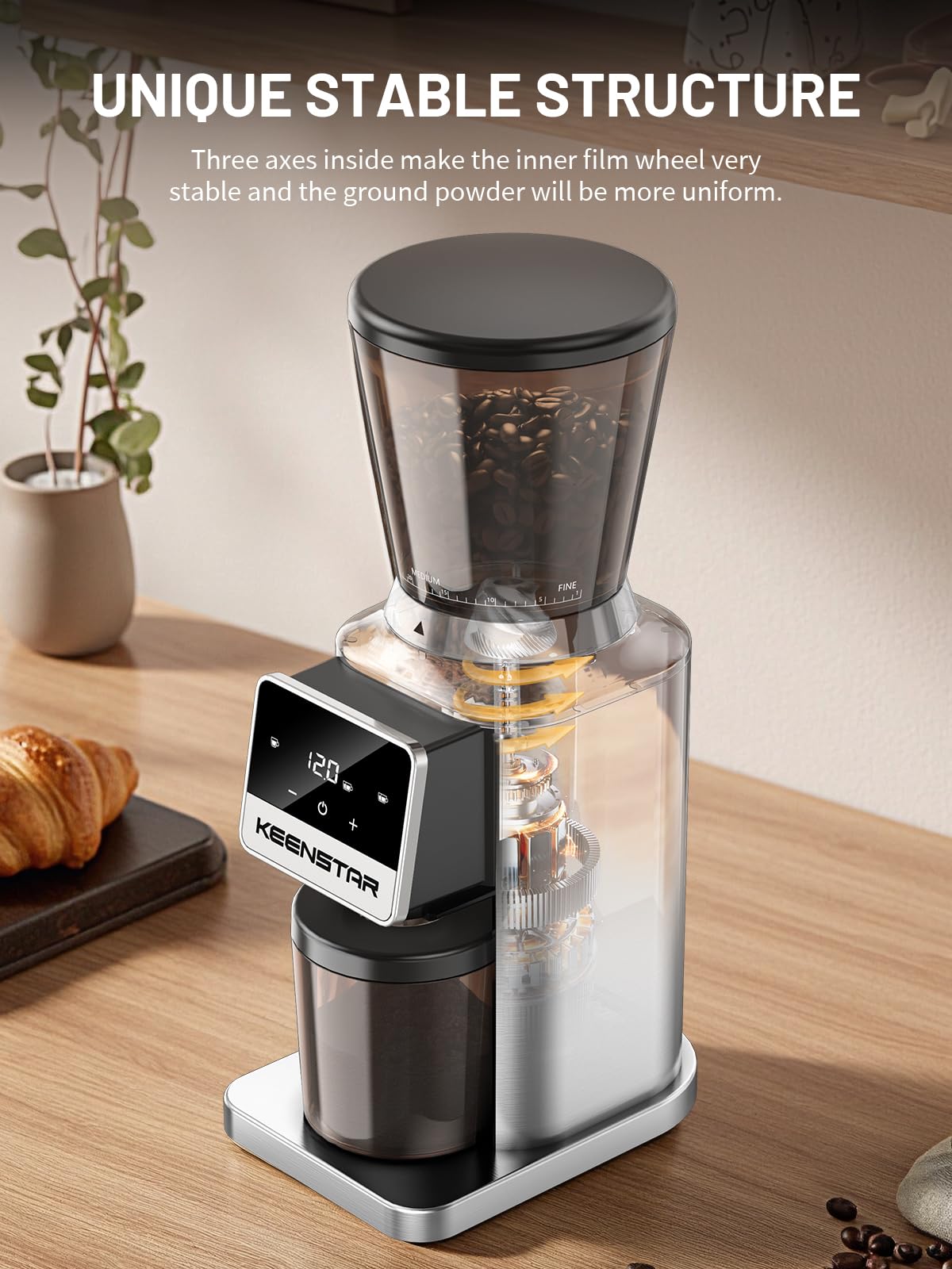 Burr Coffee Grinder, Keenstar Conical Coffee Bean Grinder with 34 Grind Settings for Home Use, Precision Timer, Touchscreen, Anti-static, Stainless Steel, Easy to Clean with Brush