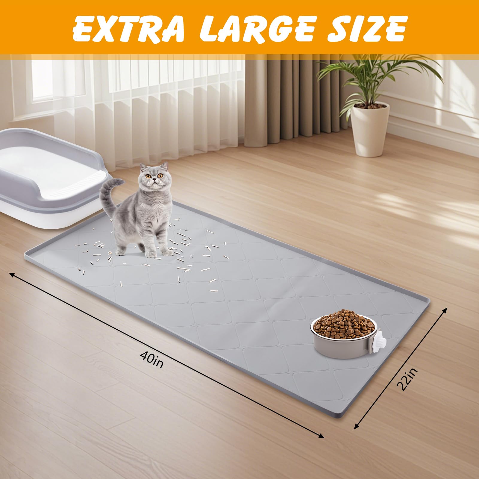 Tappetino per lettiera per gatti, grande, 101 x 56 cm, tappetino per lettiera per gatti, impermeabile, in silicone per l'alimentazione e protezione del pavimento (grigio)