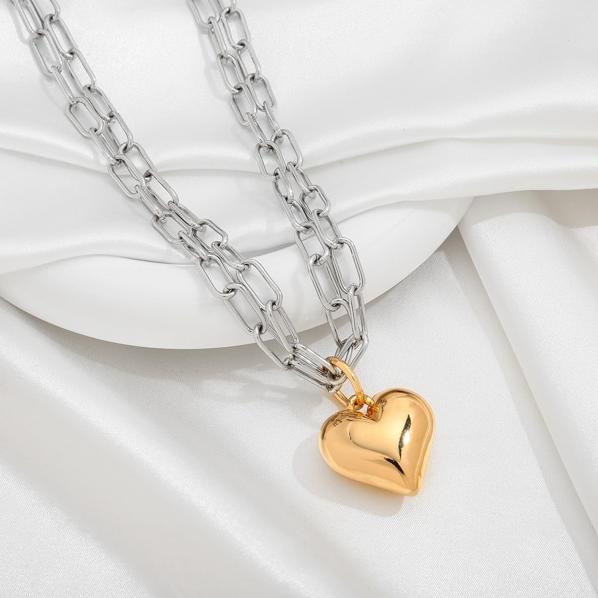 Two Toned Heart Necklace For Women Silver Chain Necklace With A Puffy Heart Pendant - Image 6
