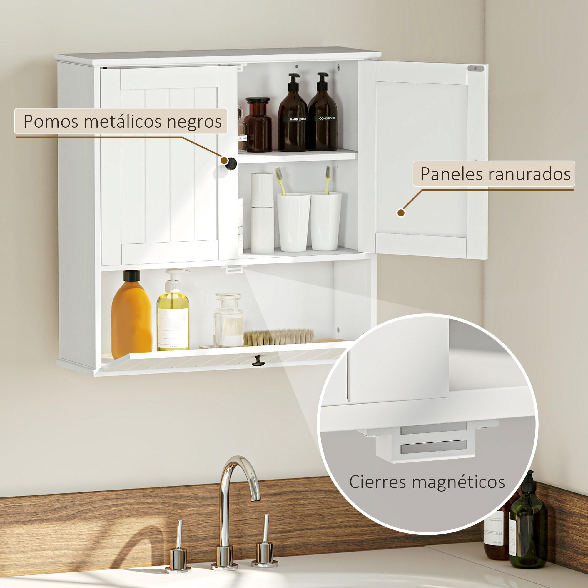 HOMCOM Armario de Baño de Pared, Estante Ajustable, Doble Puerta, Blanco | Mueble de Baño Colgar Rústico, Puerta Abatible, Cierre Magnético, para Cocina, Lavadero, sobre el Inodoro