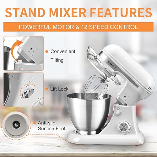 Miniatura 3 de Geek Chef Batidora eléctrica de pie, 4.8 cuartos de galón, 12 velocidades, mezclador de alimentos con cabezal inclinable con gancho para masa,