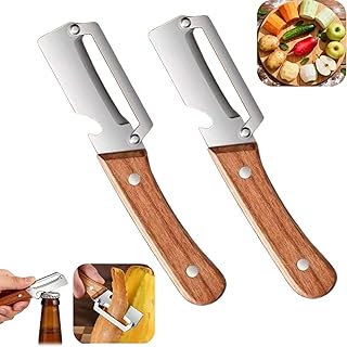2 PCS Multi-Functional Kitchen Peeler, Vegetable Peeler, Wooden Kitchen Tool, Premium Wooden Handle - Stainless Steel Single Blade & Built-In Bottle Opener, Suitable for Peelable Vegetables & Fruits