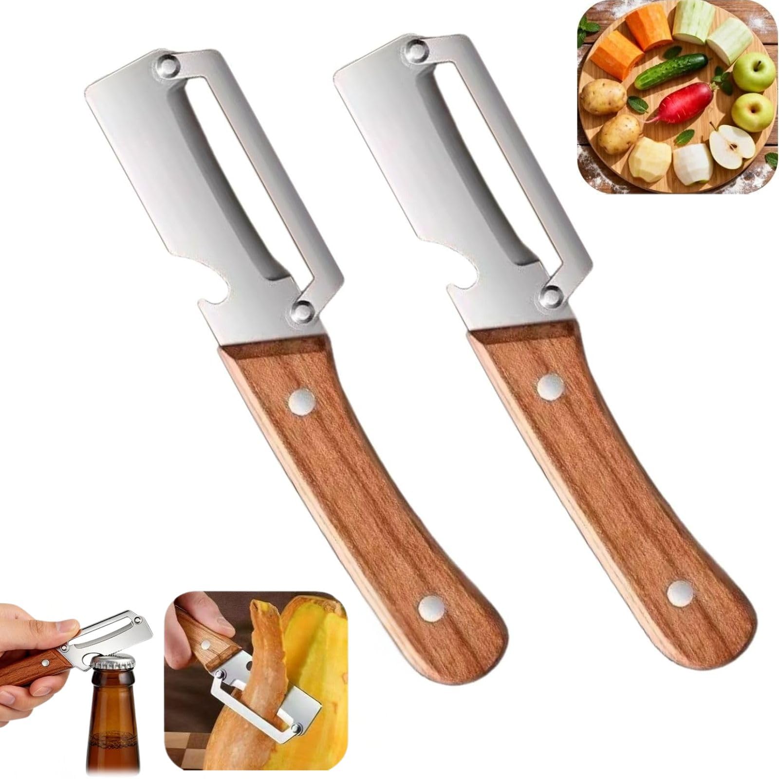 Photo 1 of 2 PCS Multi-Functional Kitchen Peeler, Vegetable Peeler, Wooden Kitchen Tool, Premium Wooden Handle - Stainless Steel Single Blade & Built-In Bottle Opener, Suitable for Peelable Vegetables & Fruits