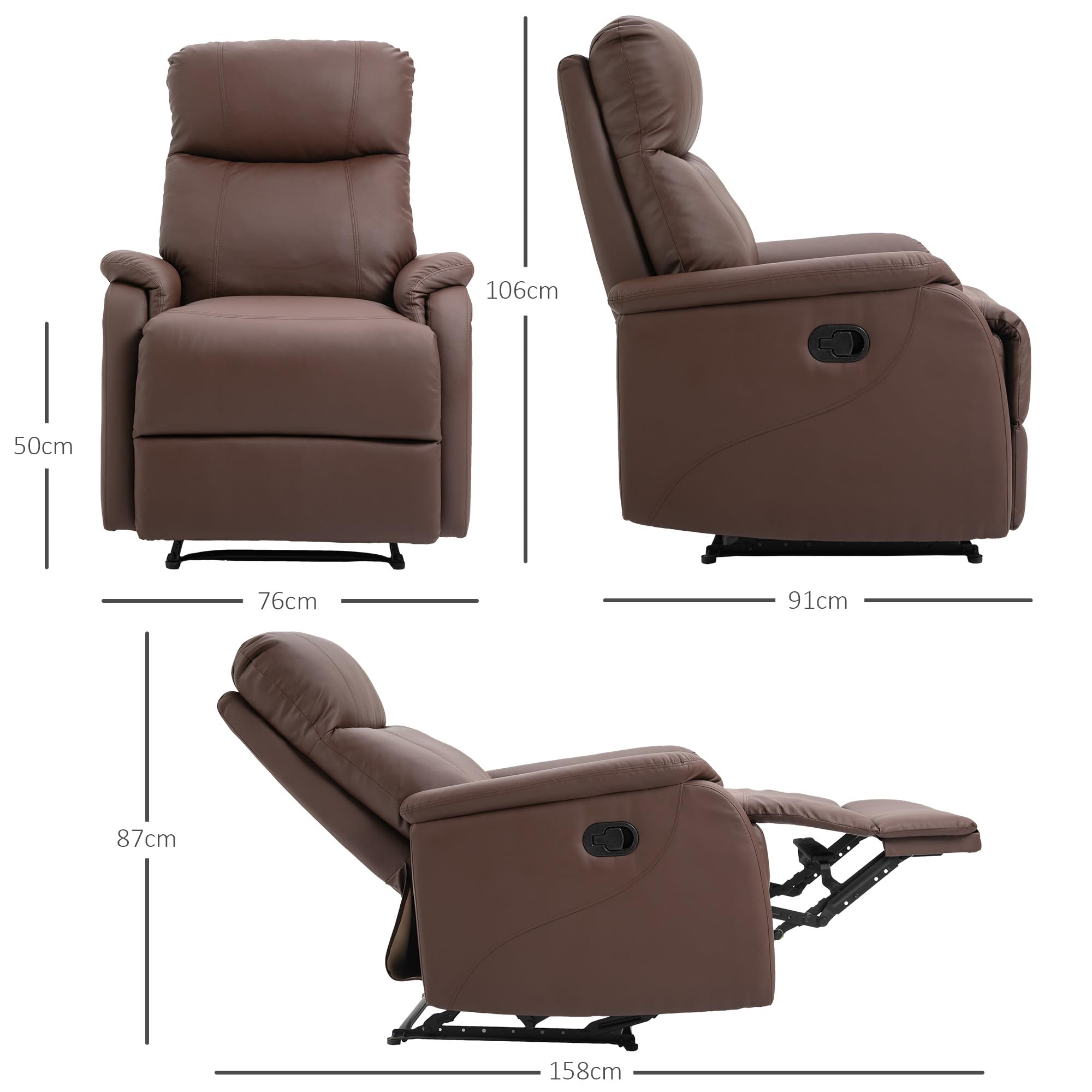 HOMCOM Poltrona Relax Manuale con Schienale Reclinabile 145° e Poggiapiedi in Pelle PU Marrone, 76x91x106cm
