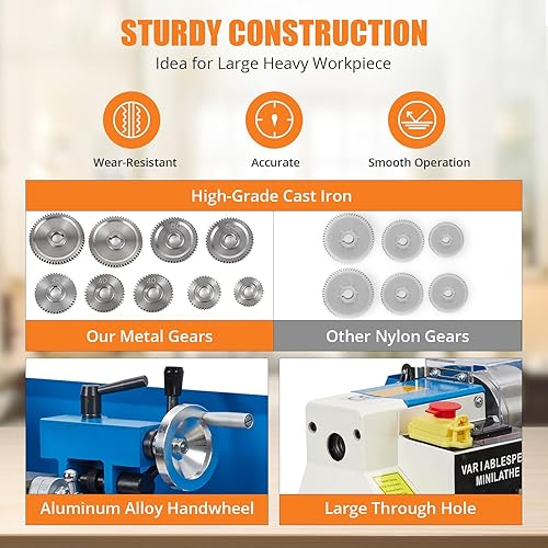Miniatura 2 de Mini máquina de torno de metal, 7 x 14 pulgadas, torno de metal de potencia de sobremesa de precisión de 550 W, velocidad variable continua de