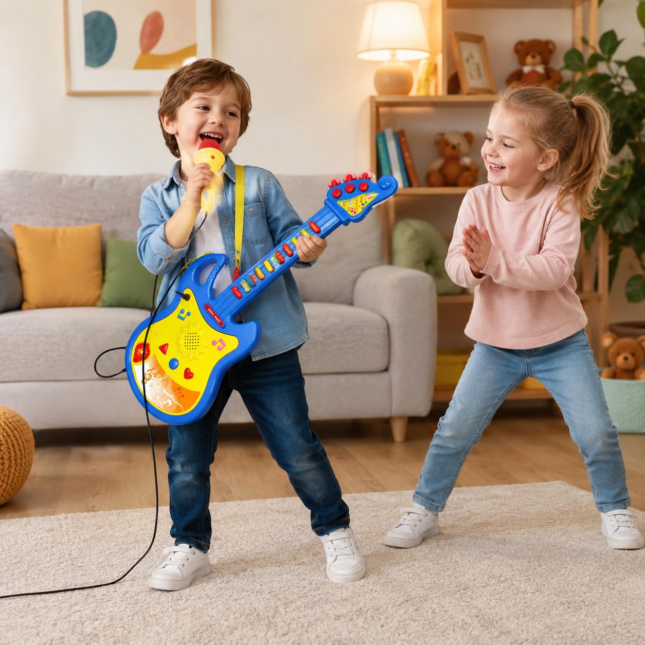 Guitarra eléctrica juguete niños con micrófono amplificado efectos luminosos correa melodías pregrabadas guitarra rock electrónica cm 45 guitarras juguete niños guitarras con sonidos Rock (A)