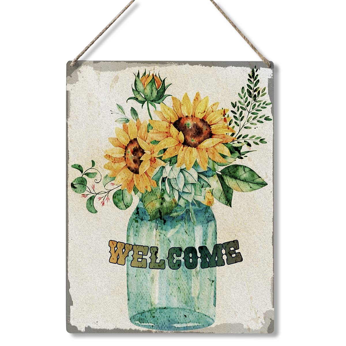 QIONGQI Funny Welcome Sunflowers Wood Plaque Sign Wall Hanging, Retro Welcome Sign for Home Garden Outdoor Decor Gifts 8x10 Inch