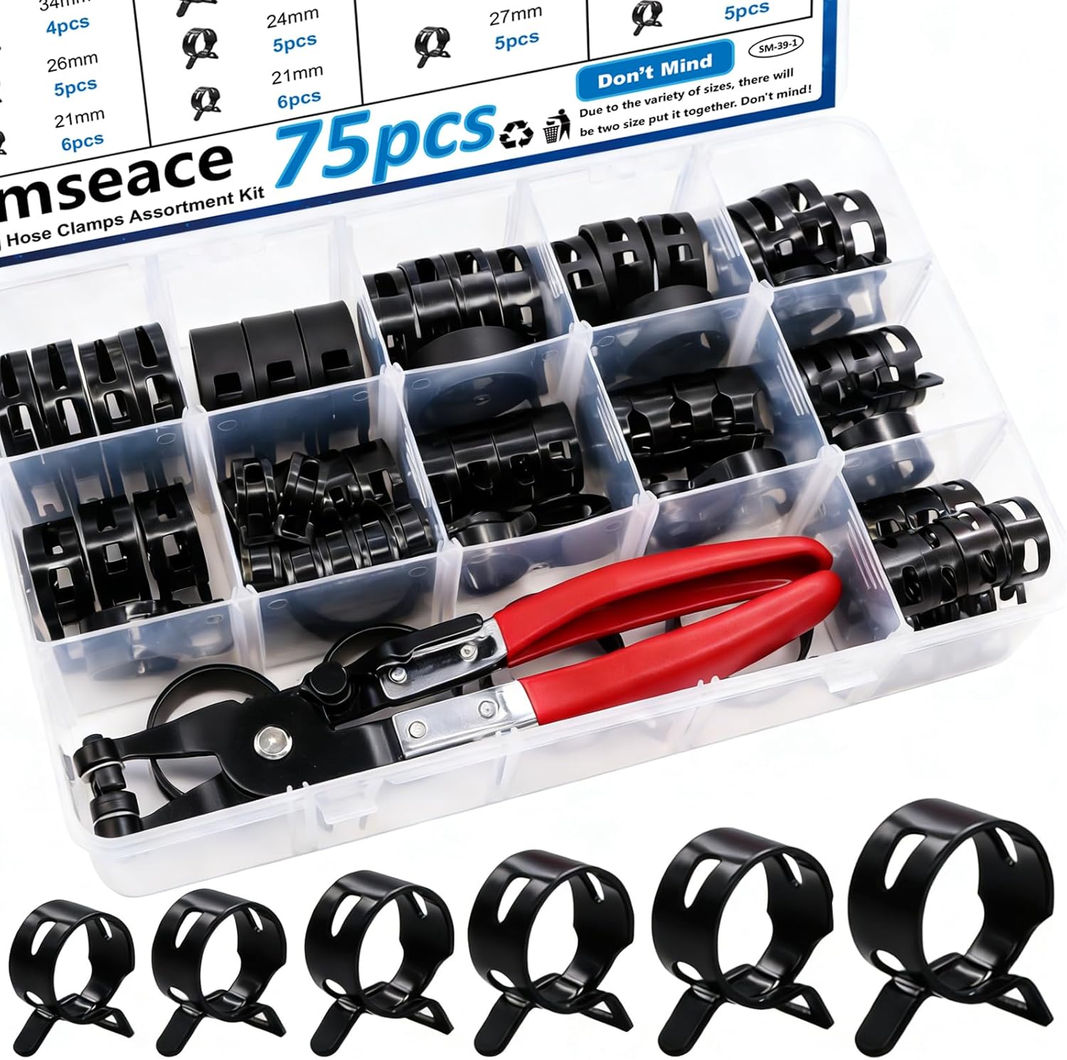 smseace 75Pcs Spring Band Hose Clamp 19 21 23 24 25 26 27 28 30 32 34 36 38mm Constant Tension Hose Clamp With Plier used for Fuel Line，Vacuum Hose，Air Hose Spring Hose Clamp Kit