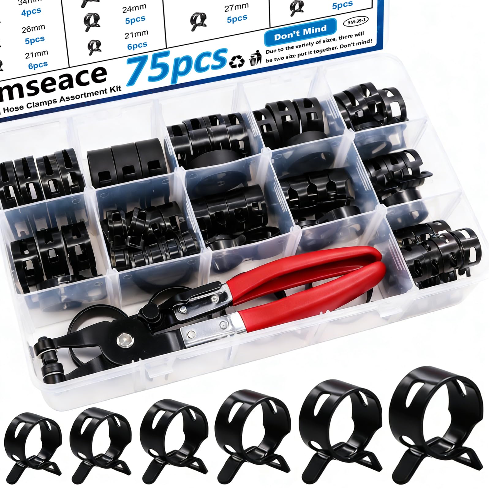 smseace 75Pcs Spring Band Hose Clamp 19 21 23 24 25 26 27 28 30 32 34 36 38mm Constant Tension Hose Clamp With Plier used for Fuel Line，Vacuum Hose，Air Hose Spring Hose Clamp Kit