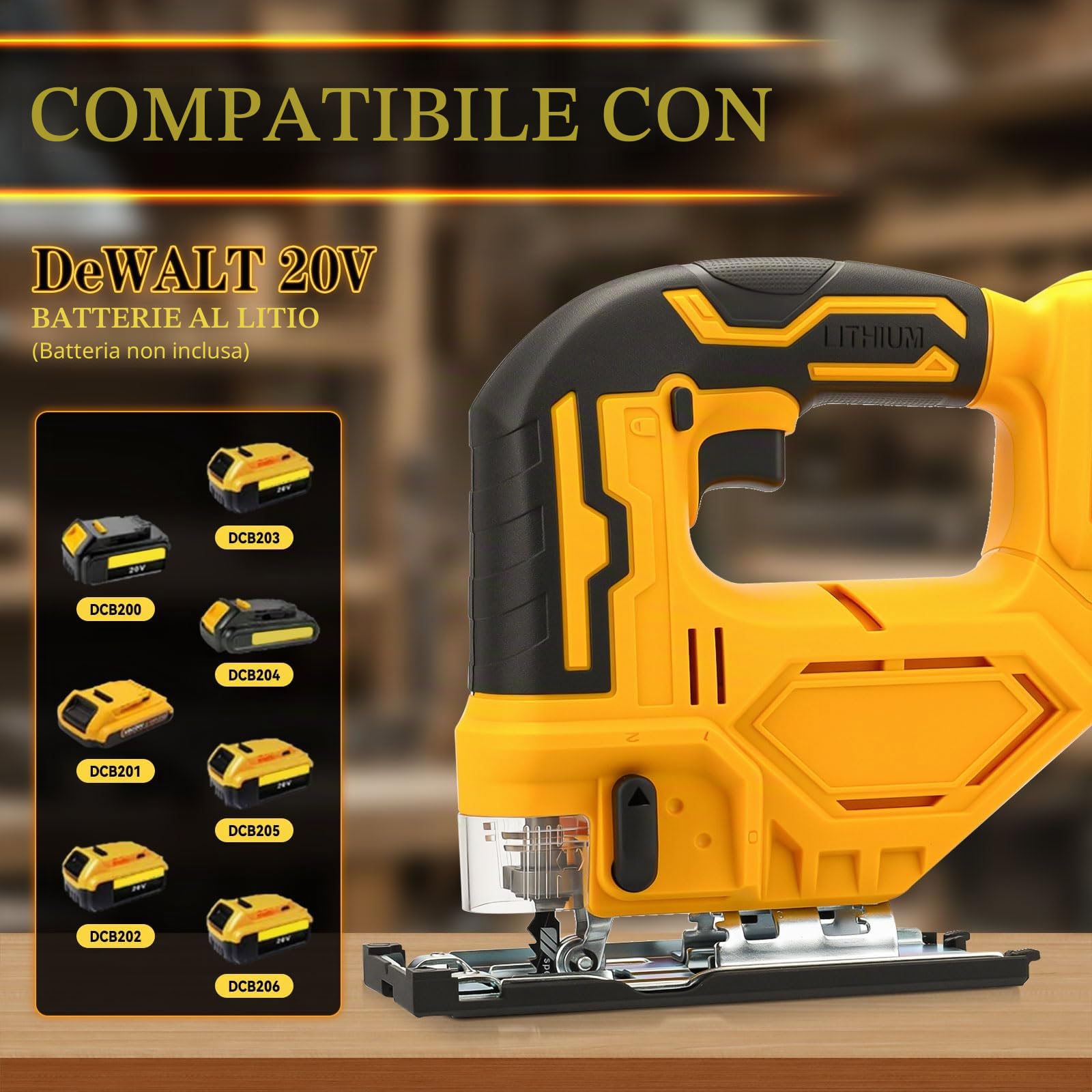 Seghetto alternativo elettrico senza fili per Dewalt 18V 20V, 400W 2900RPM, 3 azione orbitale, angolo di taglio smussato ±45°, 6 lame con codolo a T per legno, plastica, metallo (senza batteria)