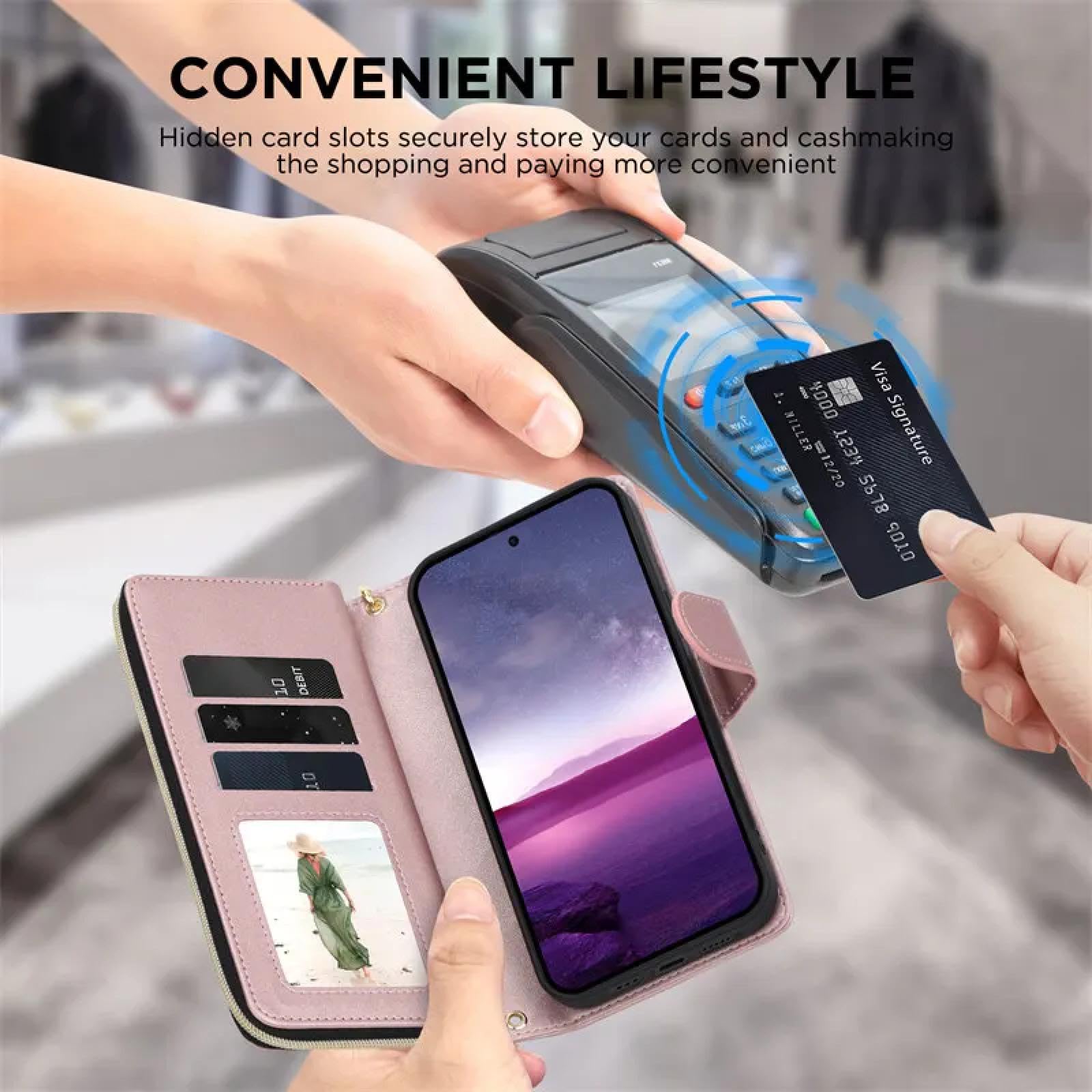 Per Samsung A06 Portafoglio in pelle con cerniera e porta carte di credito, con tracolla e laccio, custodia a ribalta (per Samsung A06/blu)