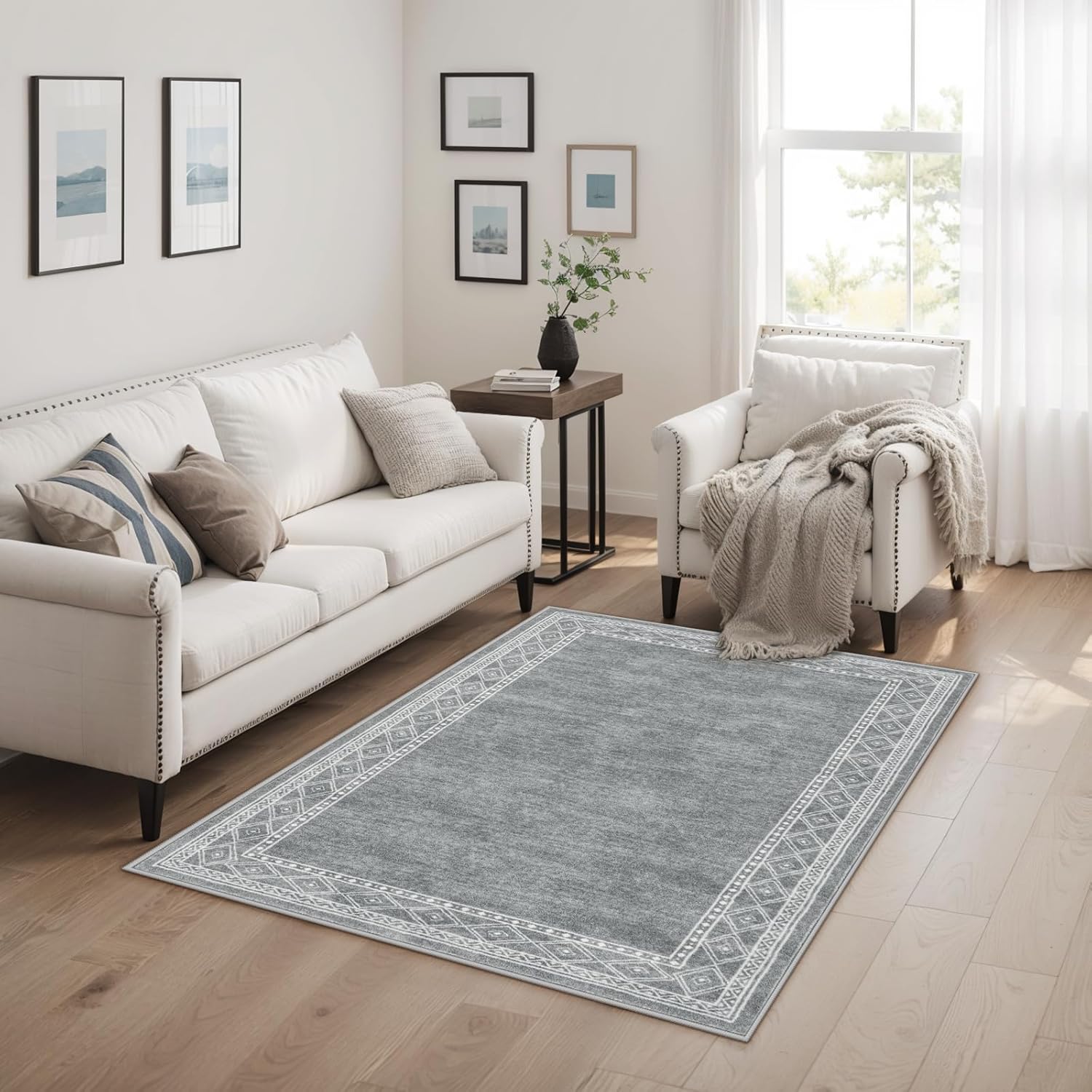 Lahome Modern Bordered Machine Washable Rug, Ultra-Thin 3x5 Rugs for Entryway Bedroom, Non-Slip Stain Resistant Small Carpet for Laundry Entrance (3'x5',Grey)