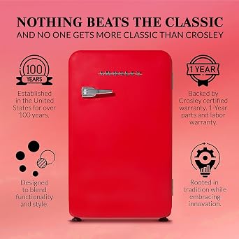 Crosley Retro Mini Fridge 3.2 CuFt Red Hot Red w/o Freezer, Compact Refrigerator for Bedroom, Garage, Office Under Desk, Undercounter, Apartment, School Dorm Fridge, Aesthetic, Small & Cute Appliances