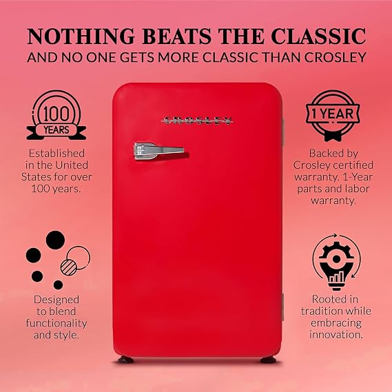Crosley Retro Mini Fridge 3.2 CuFt Red Hot Red w/o Freezer, Compact Refrigerator for Bedroom, Garage, Office Under Desk, Undercounter, Apartment, School Dorm Fridge, Aesthetic, Small & Cute Appliances