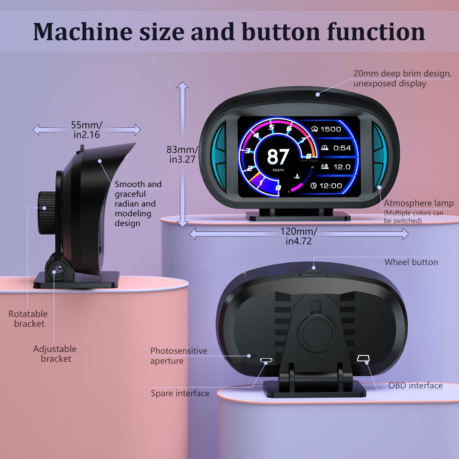P2 HUD Pantalla de cabeza de coche, velocímetro inteligente GPS con advertencia de voltímetro de alarma de sobrevelocidad, HUD OBD2 Plus GPS sistema dual