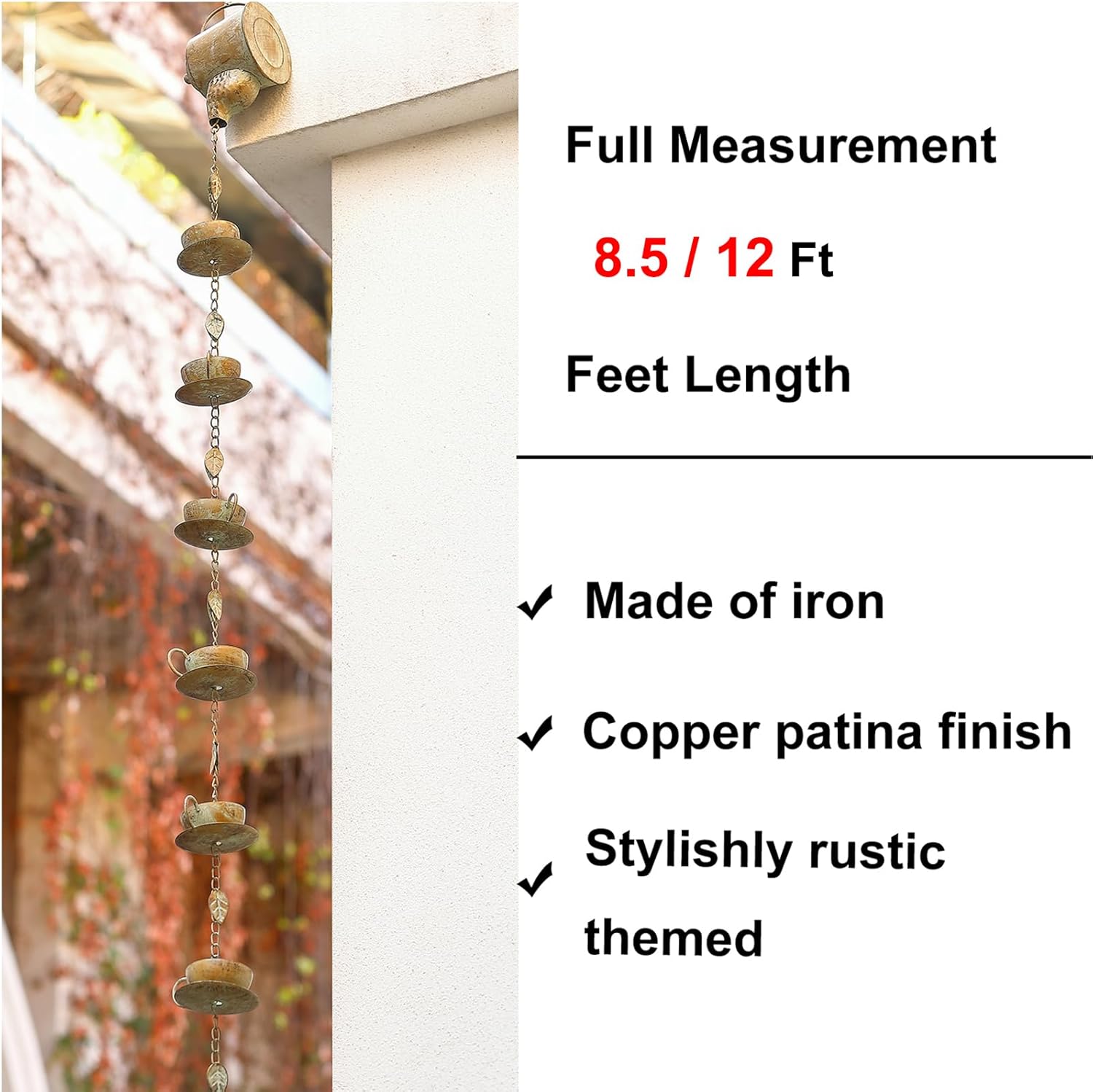 Jemeni Teapot & Teacups Rain Chain, 8.5 Ft Copper Patina Rain Chain for Gutters, Decorative Downspout Replacement with Hanging Bell