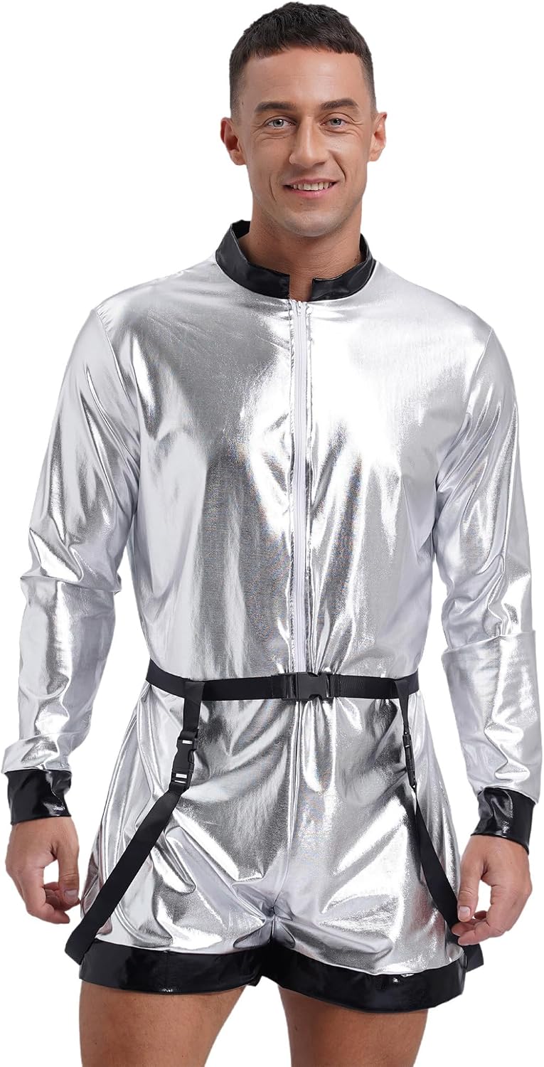 Lejafay Mens Astronaut Cosplay Outfit Halloween Metallic Shiny Mock Neck Long Sleeve Zipper Bodysuit