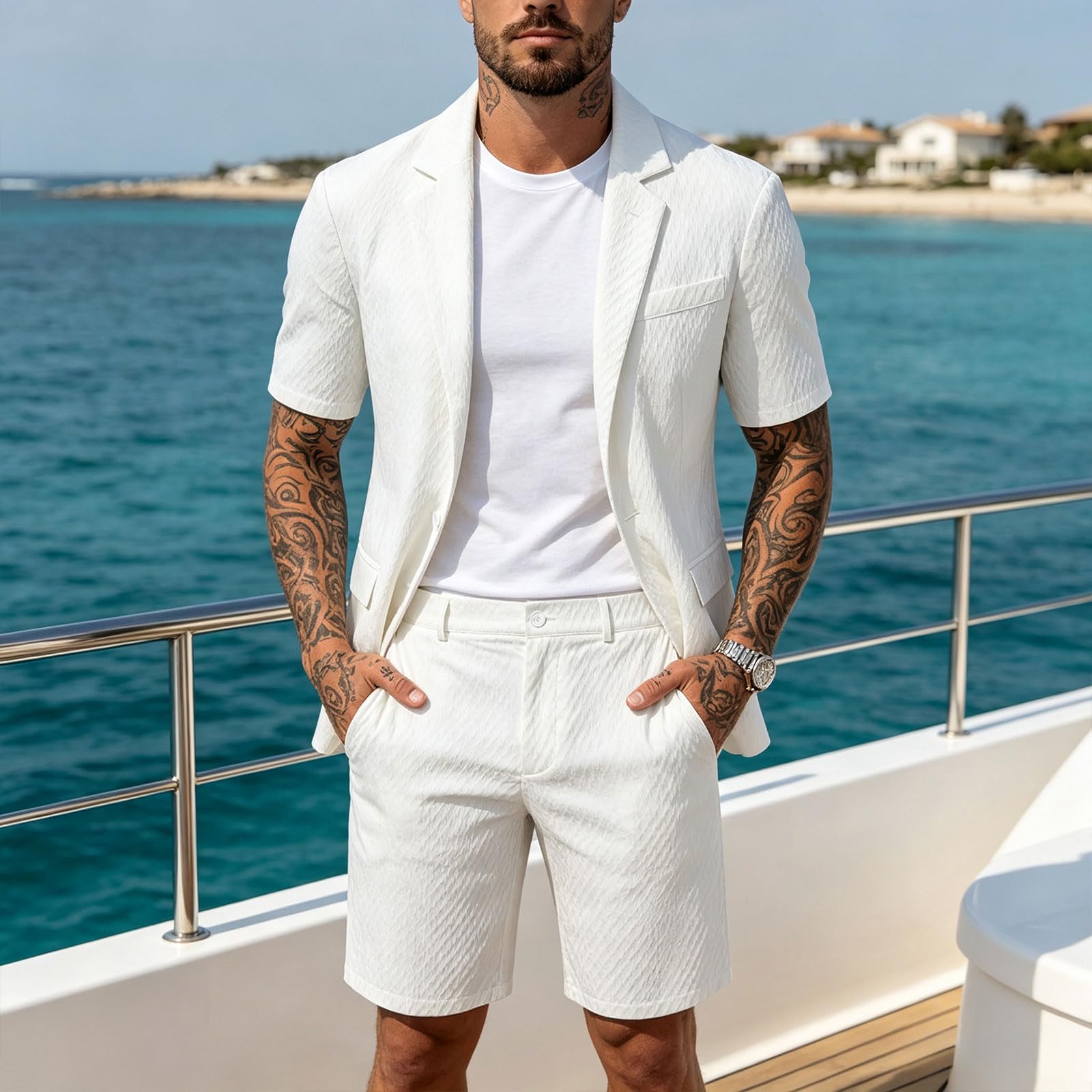 Herren 2 Teiliges Kurzblazer Sommer Jogginganzug Outfit Kurzarm Anzugweste Kurze Hose Casual Männer Atmungsaktiver Trainingsanzug Freizeitanzug Urlaub Strand Wedding Prom Business Holiday Occasion