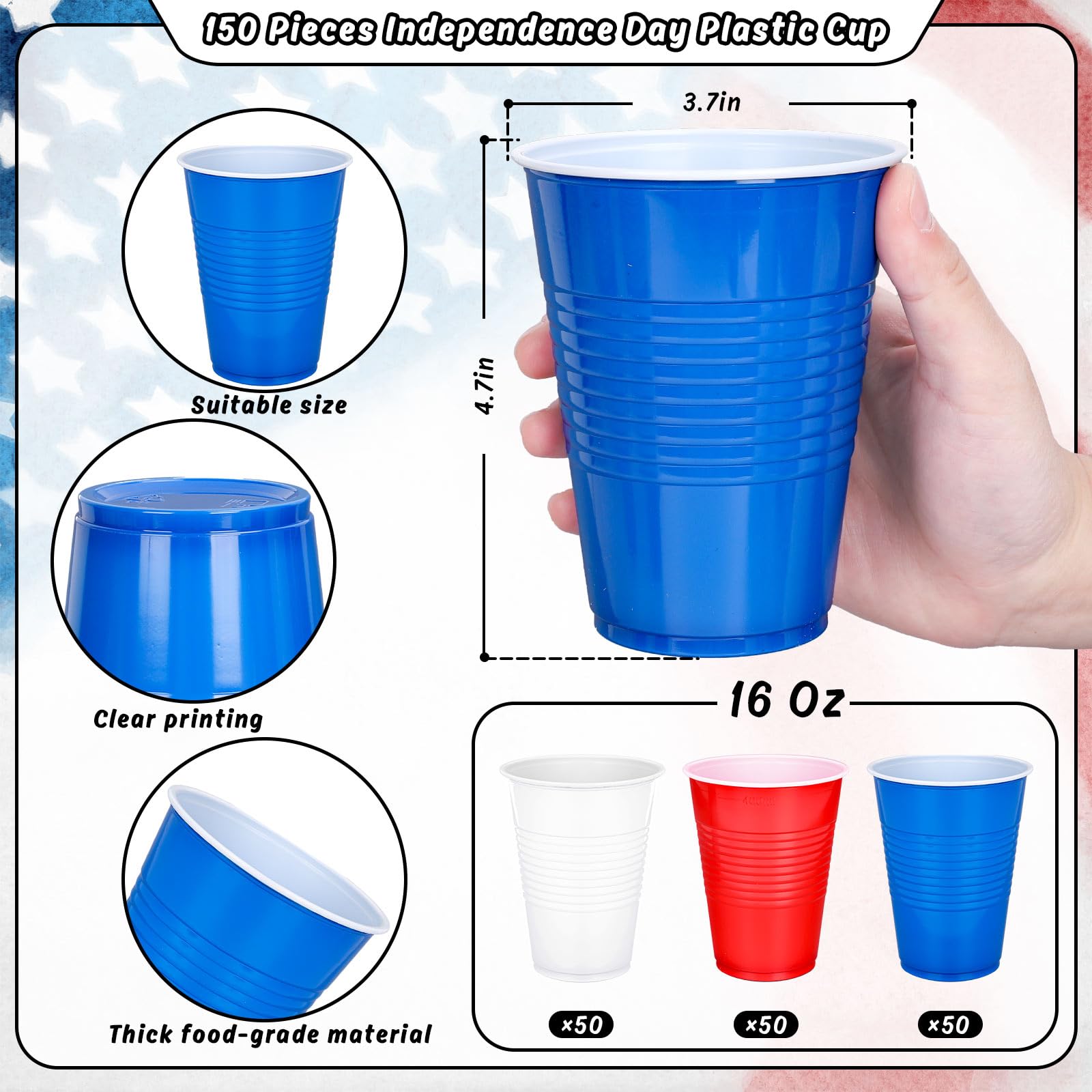 JarThenaAMCS Patriotische Kunststoffbecher, 473 ml, rot, blau, weiß, Einweg-Trinkbecher, stapelbar, Partybecher für Unabhängigkeitstag, Partyzubehör, 150 Stück