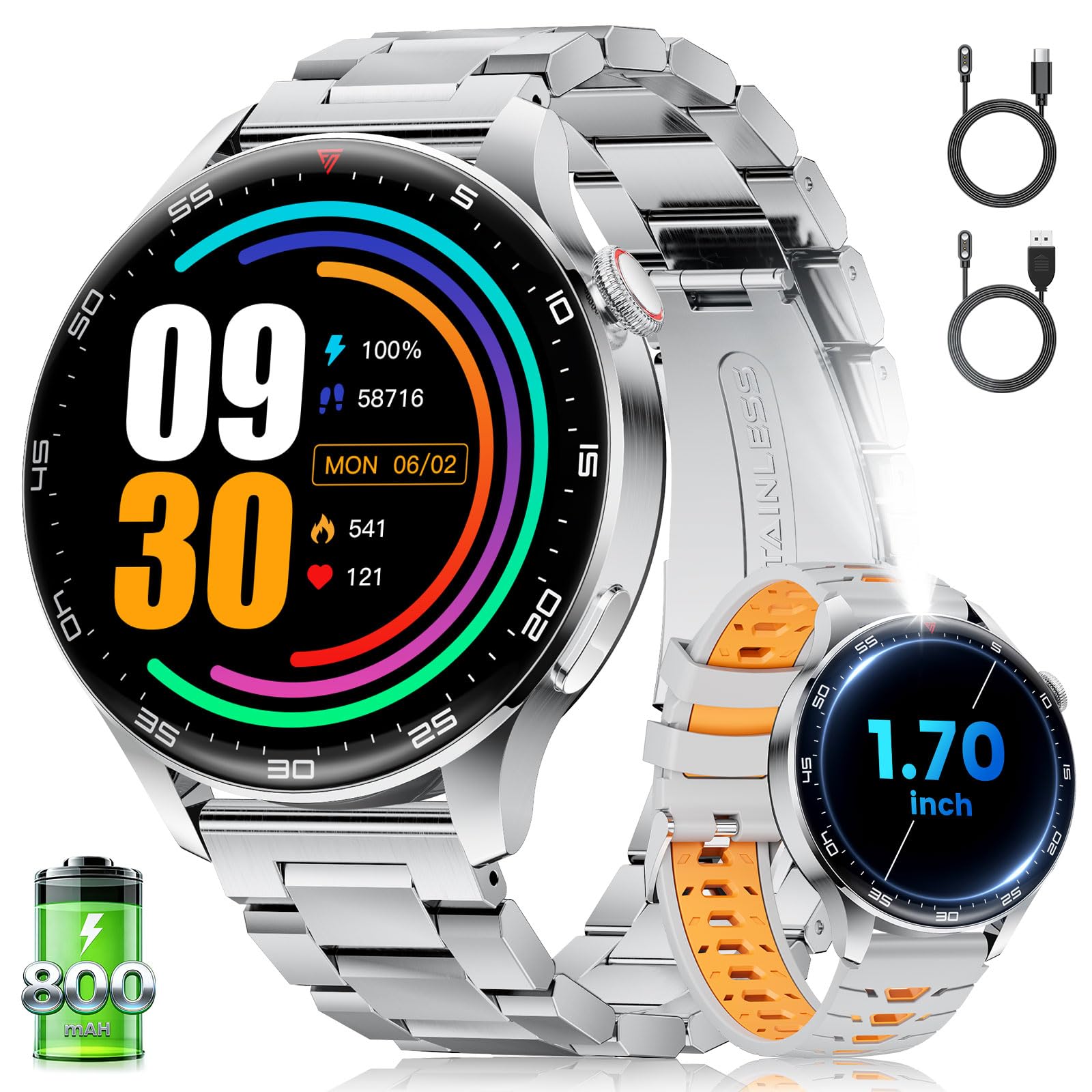Reloj Inteligente Hombre, LIamadas Bluetooth, 1,7"Grande Smartwatch Hombre con Linterna LED/800 mAh/IP68, 100+ Modos Deportivos, Monitor de Frecuencia Cardíaca y Sueño, Android e iOS, Plateada