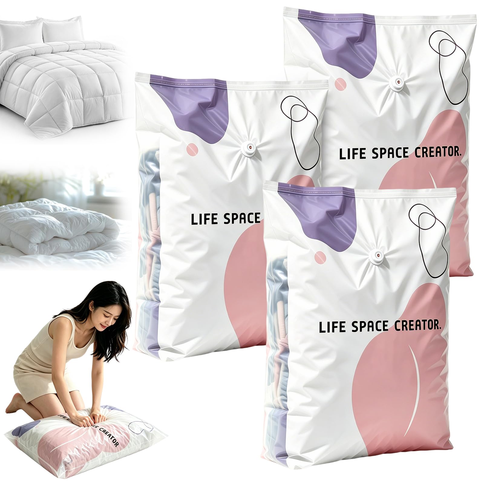 3 Packs No Pump Vacuum Storage Bags, Compression Bags for Storage, Space Saving Vacuum Storage Bags for Home Clothes Blanket Comforters (3, XL)