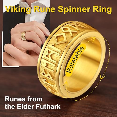 Miniatura 2 de ChainsProMax Puede grabar anillos giratorios de runa vikinga para hombresmujeres, tamaño #7-#14, anillo de cadena de eslabones de acero inoxidable,