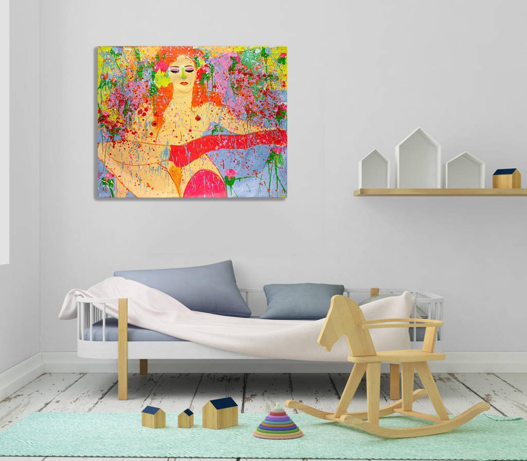 RKGHDCX Dipinti astratti famosi di Walasse Ting Poster e stampa su tela Voglio restare a casa stasera, 1974" Riproduzione di quadri famosi su Tela per soggiorno Decor 90x115cm(35x45in) Incorniciato