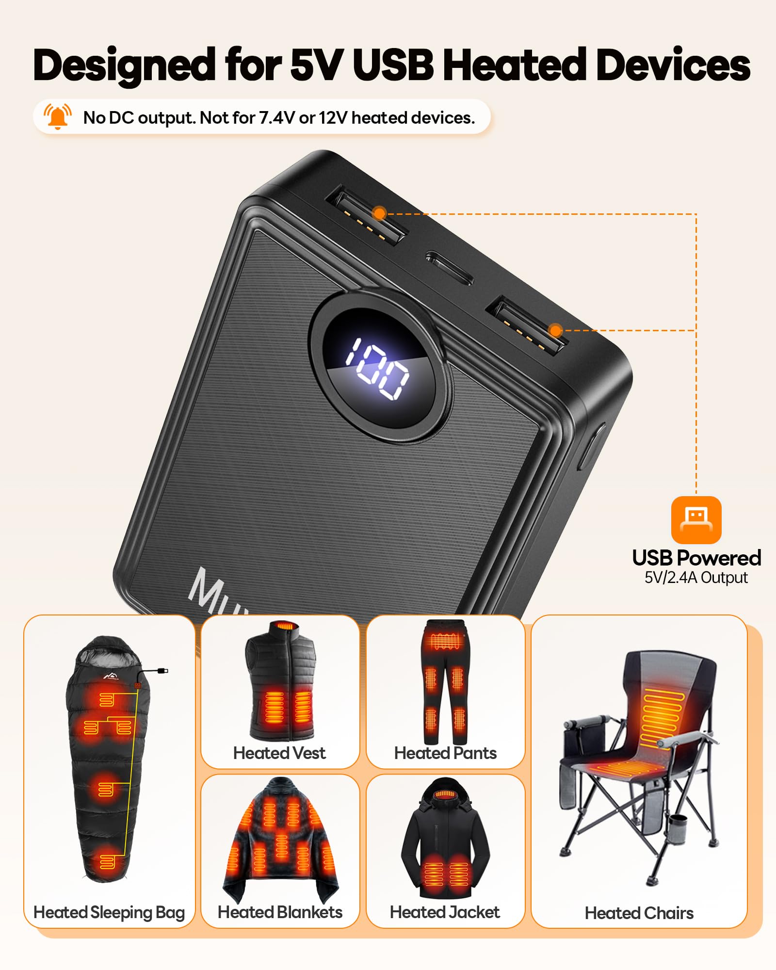 Heated Vest Battery Pack 12000mAh, 5V 2A Power Bank for Heated Vest with LED Display, Pocket Size Battery Pack for USB Heated Clothing, Heated Blanket, Coat, Sleeping Bag-No for 7.4V DC Heated Devices