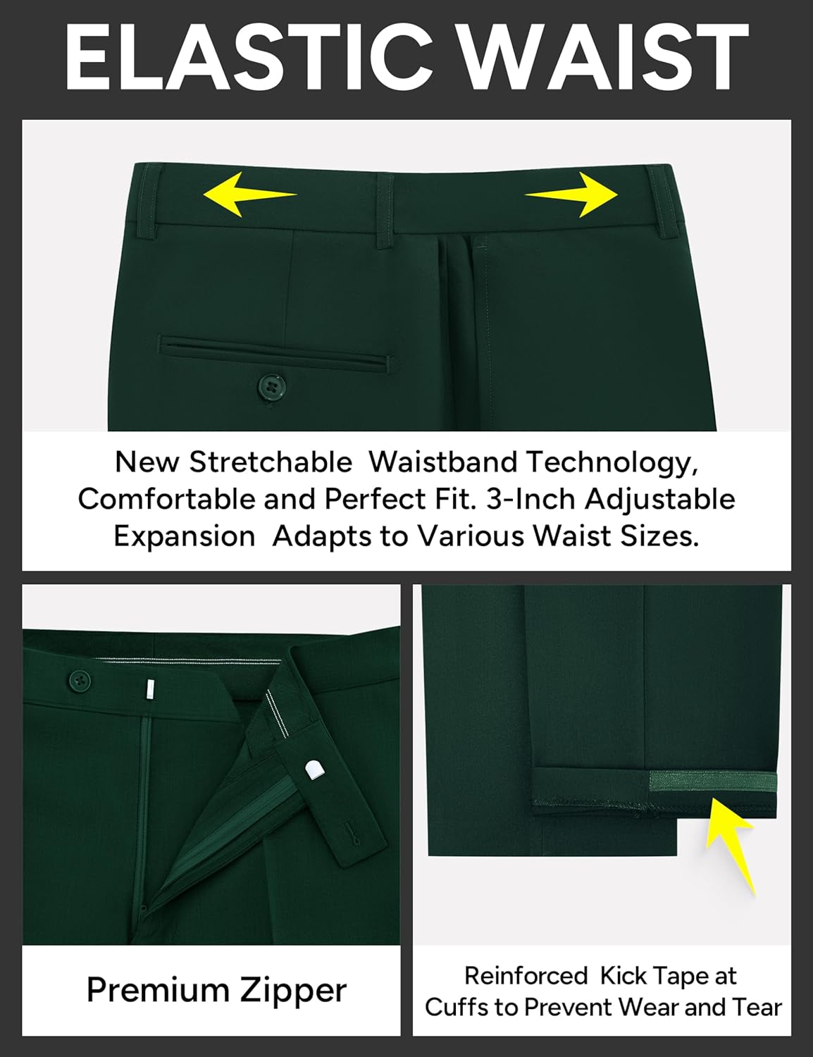 Mens Stretch Suit Slim Fit 3-Piece, 2 Buttons Jacket Vest Adjustable Waist Pants - Image 5