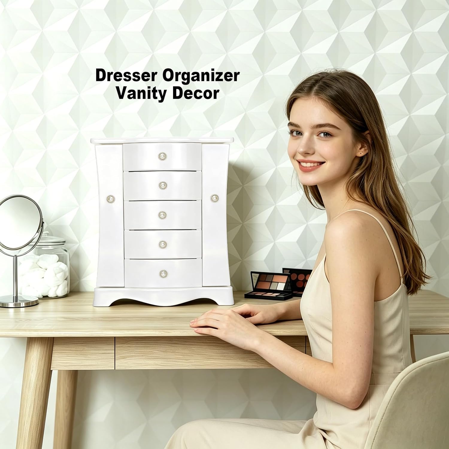 RR ROUND RICH DESIGN Solid Wood Jewelry Box - Large Organizer with 4 Drawers, Built-in Necklace Carousel & Large Mirror, White