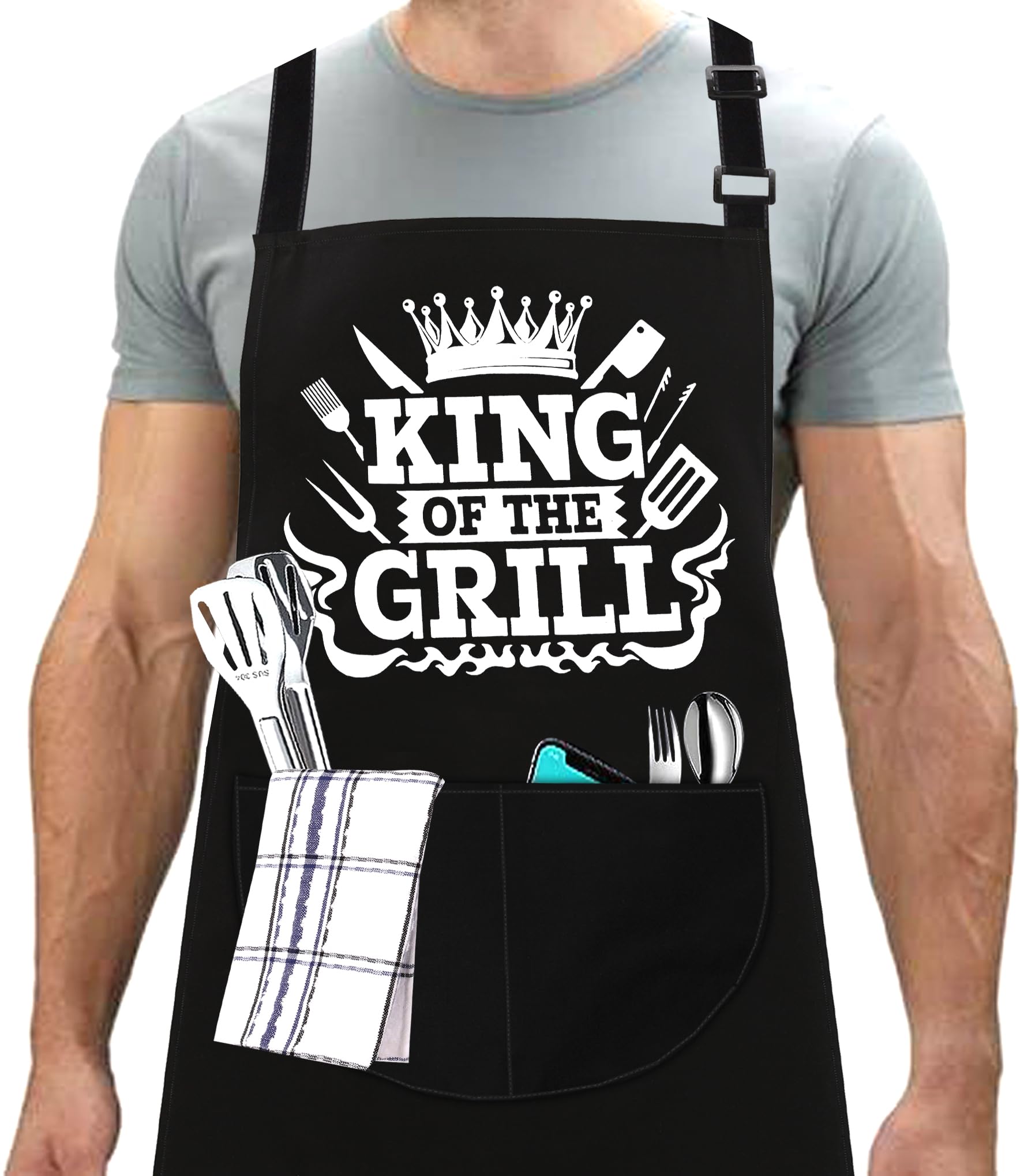 LINEN CLOSET® King of the Grill Bbq Aprons for Men Funny Bbq Apron Kitchen Cooking Gift for Men Dad Father with 2 Front Pockets