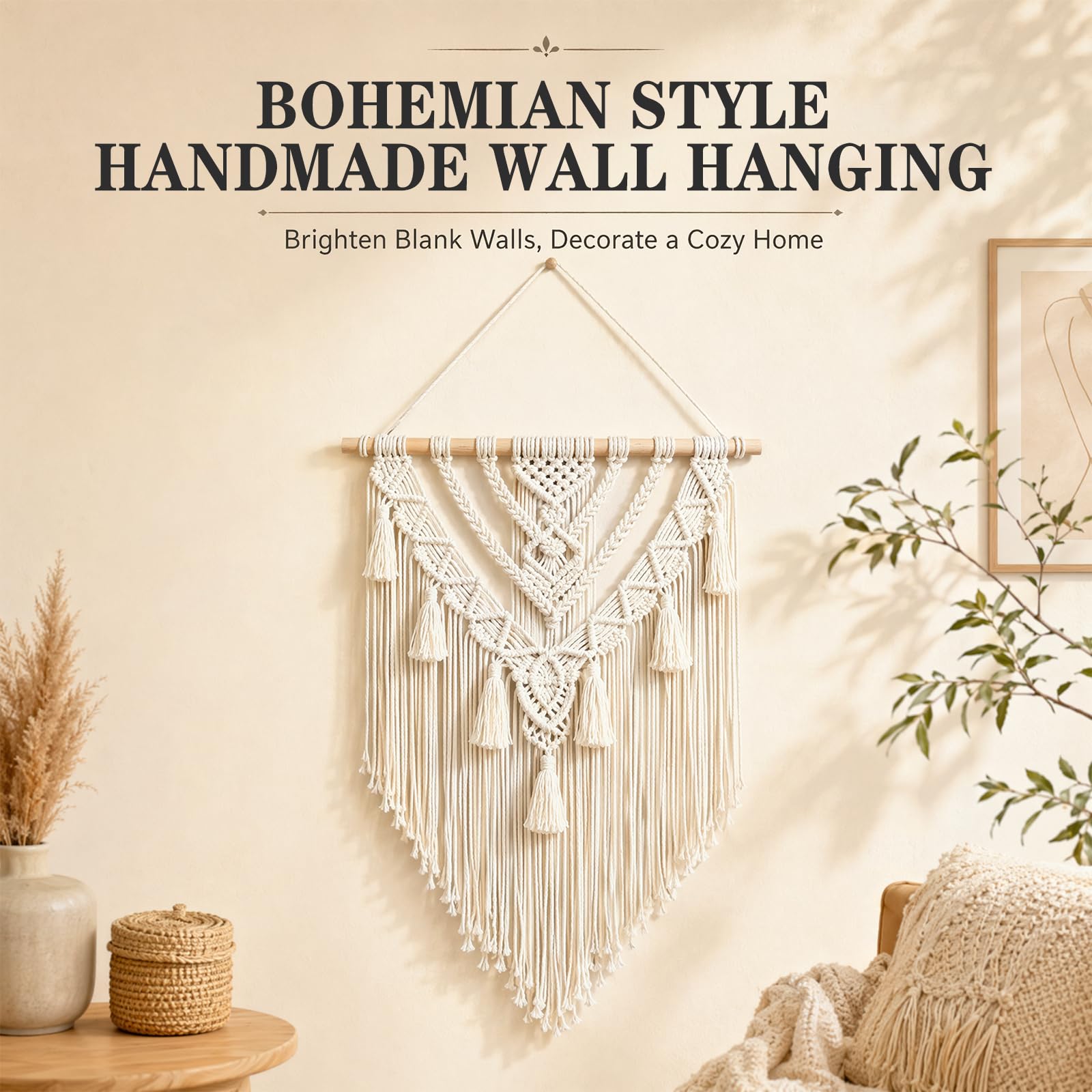 Umllpet Makrama, dekoracja ścienna w stylu boho, 70 x 40 cm, ręcznie tkany dywan ścienny z bawełny z frędzlami i drewnianym kijem, gobelin w stylu boho, do salonu, sypialni, na balkon, dekoracja
