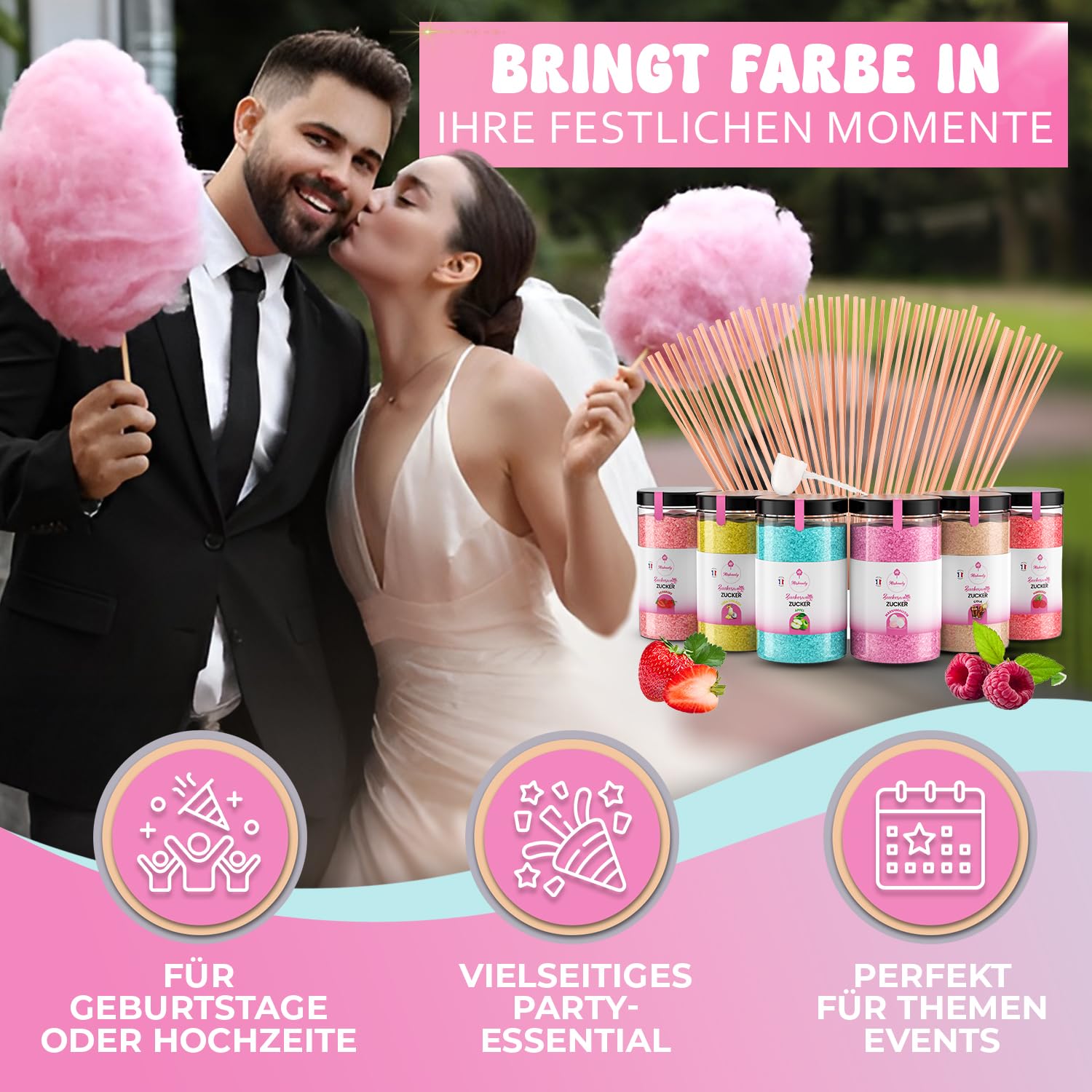 Misskandy®, Zuckerwatte Zucker (Natürliche Aromen und Farbstoffe) / set (6 * 300Gr): Erdbeere/Piña Colada/Apfel/Marshmallow/Cola/Himbeere/zucker für zuckerwattemaschine /+ 50 Stäbchen