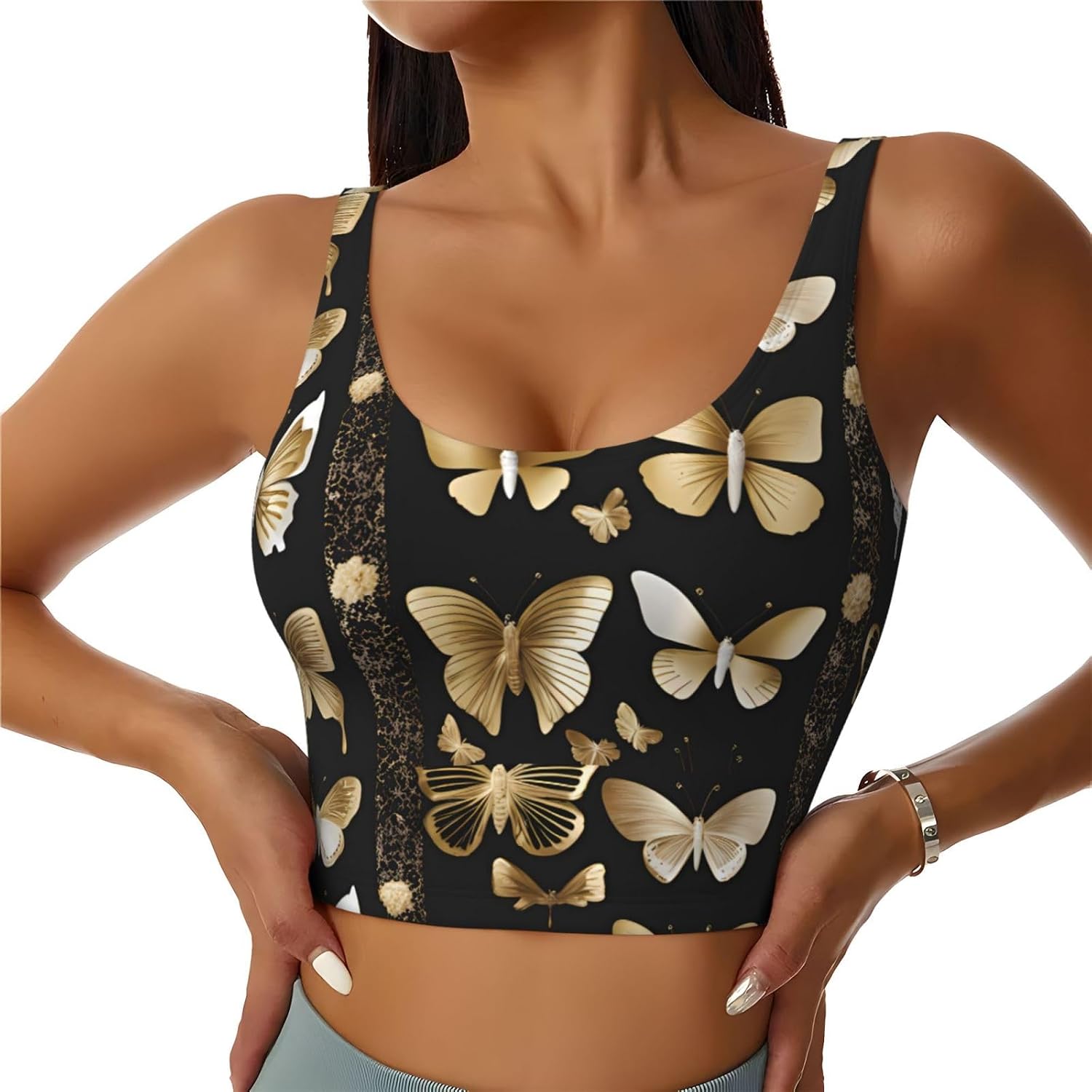 Women's Sports Vest Golden White Butterfly Printing Soft, Comfortable, Lightweight, and Breathable