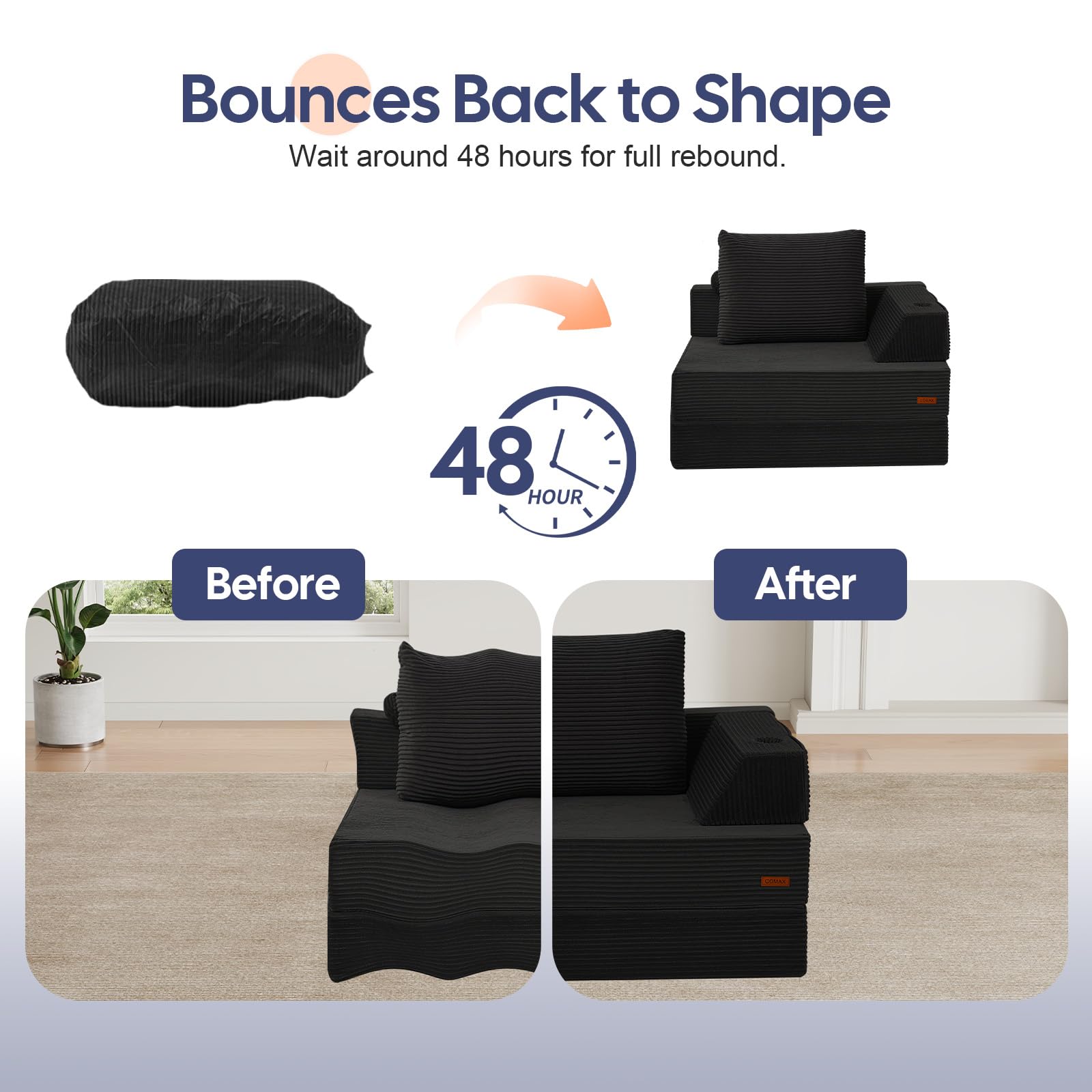 COMAX Folding Sofa Bed, Foldable Couch for Bedroom, Corduroy Convertible Floor Sleeper Futon Chair Foam, 3 in 1 Fold Out Chair Portable Comfy Lounge Couch Single Sofa Bed for Small Space Guest Room