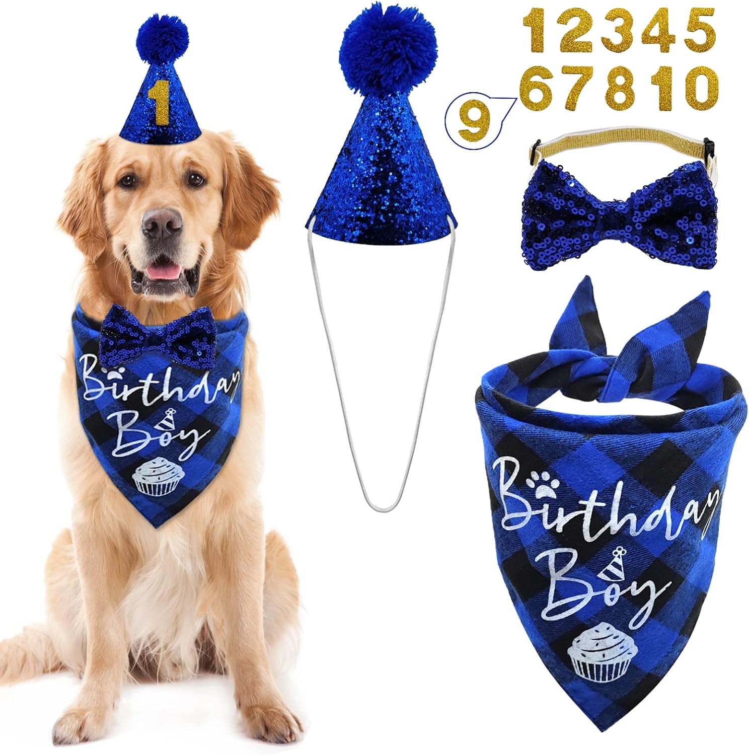 LMSHOWOWO Reusable Dog Bandana Scarf Set, Cute Dog Hat Number Bow Tie for Small Medium, Large Dogs (Blue)