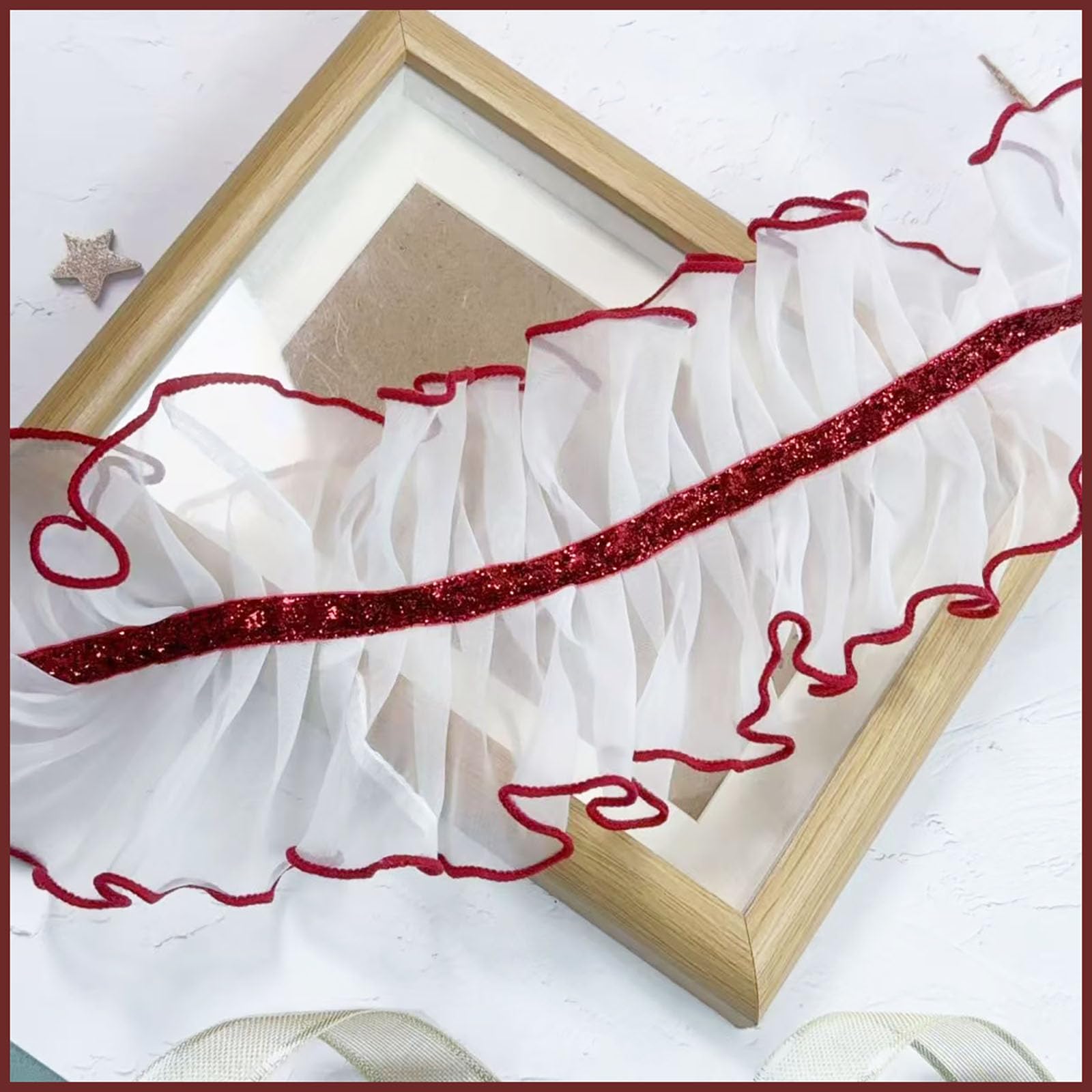 5 Yards 10cm Spitzenband Gerafftes Rüschen, Organza Rüschen Plissee Borte, Spitzenborte Weiß Zum Nähe, Mit Rot Ränder, Glitzer, Spitzenbesatz, für DIY Kleidung Hochzeit Scrapbooking