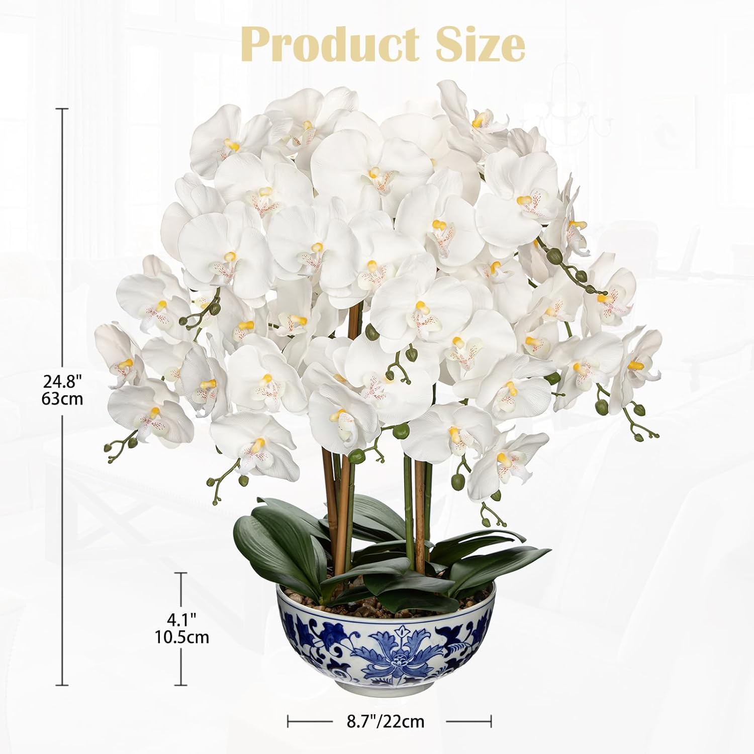 Briful Large Orchid Fake Flower in Blue and White Porcelain Bowl 24.8" White Orchid Silk Floral Arrangement Faux Phalaenopsis Flower for Home Office Room Kitchen Table Centerpiece Decor - Image 2