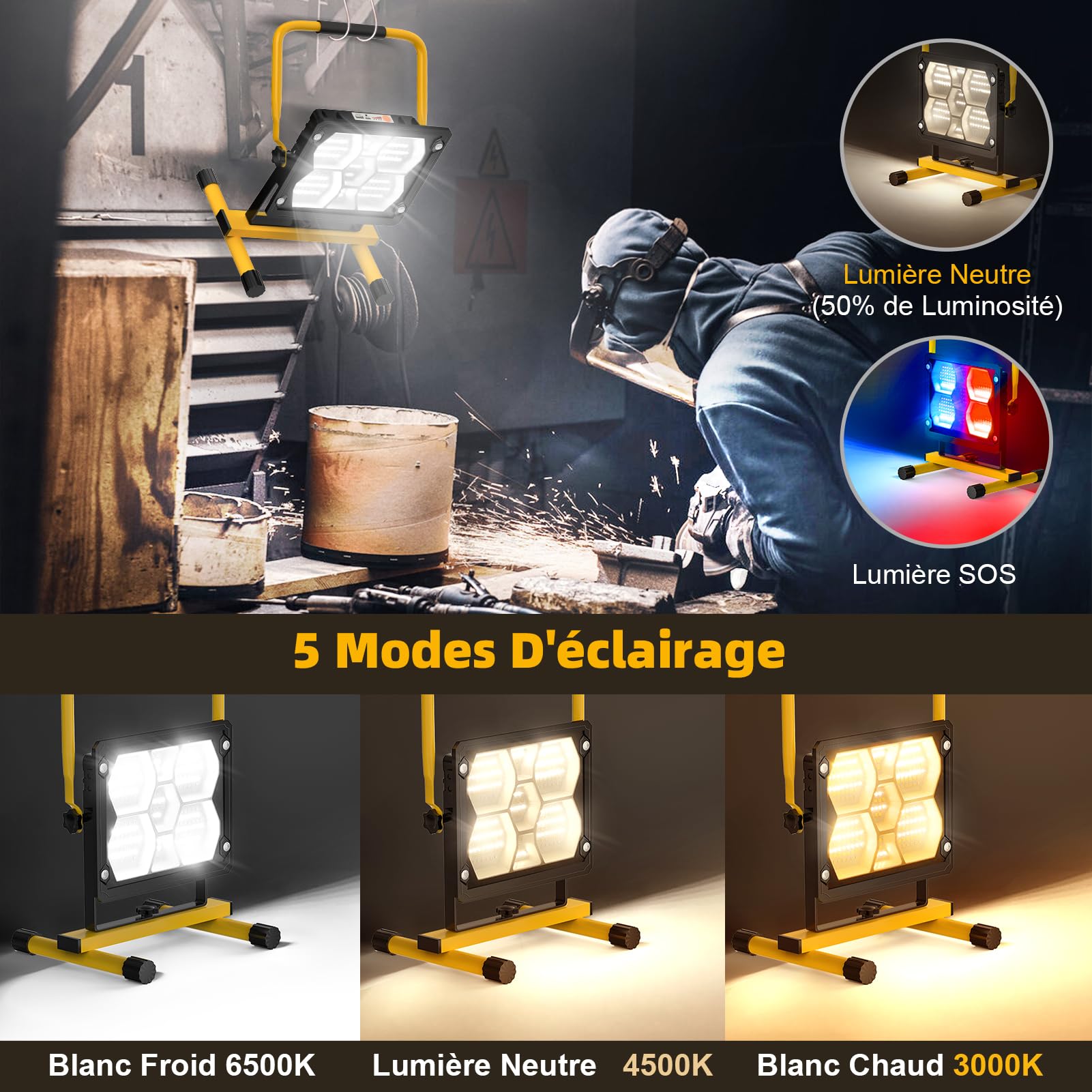Sararoom Projecteur LED Solaire Rechargeable 100W, Projecteur LED Chantier Portable avec 5 Modes D'éclairage, USB et 10000mAh Batterie, Lampe de Travail Étanchéité IP65 Pour Garage, Atelier, Cour